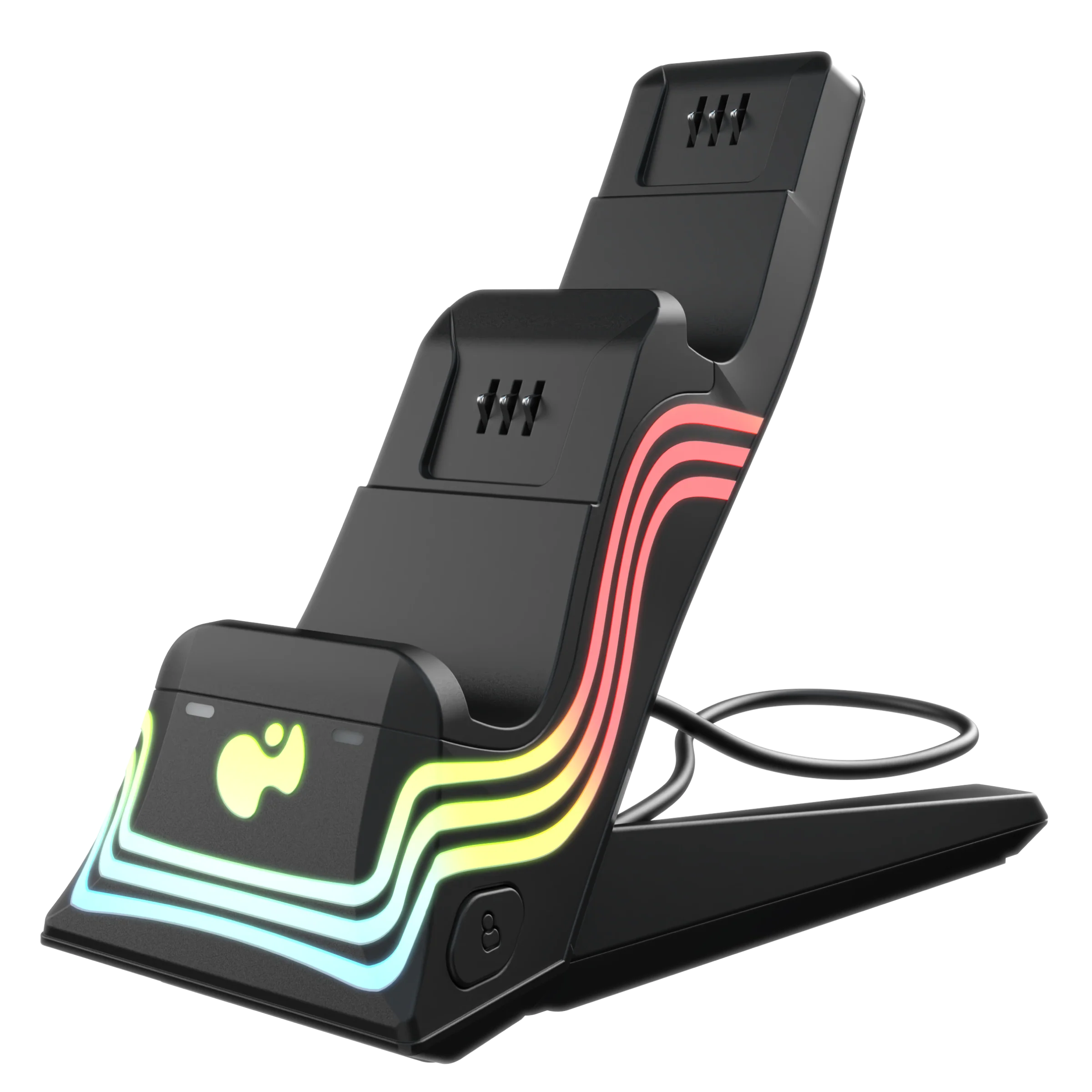 Czarny stojak na konsolę do gier ze światłami RGB, ukośną konstrukcją i portem ładowania.