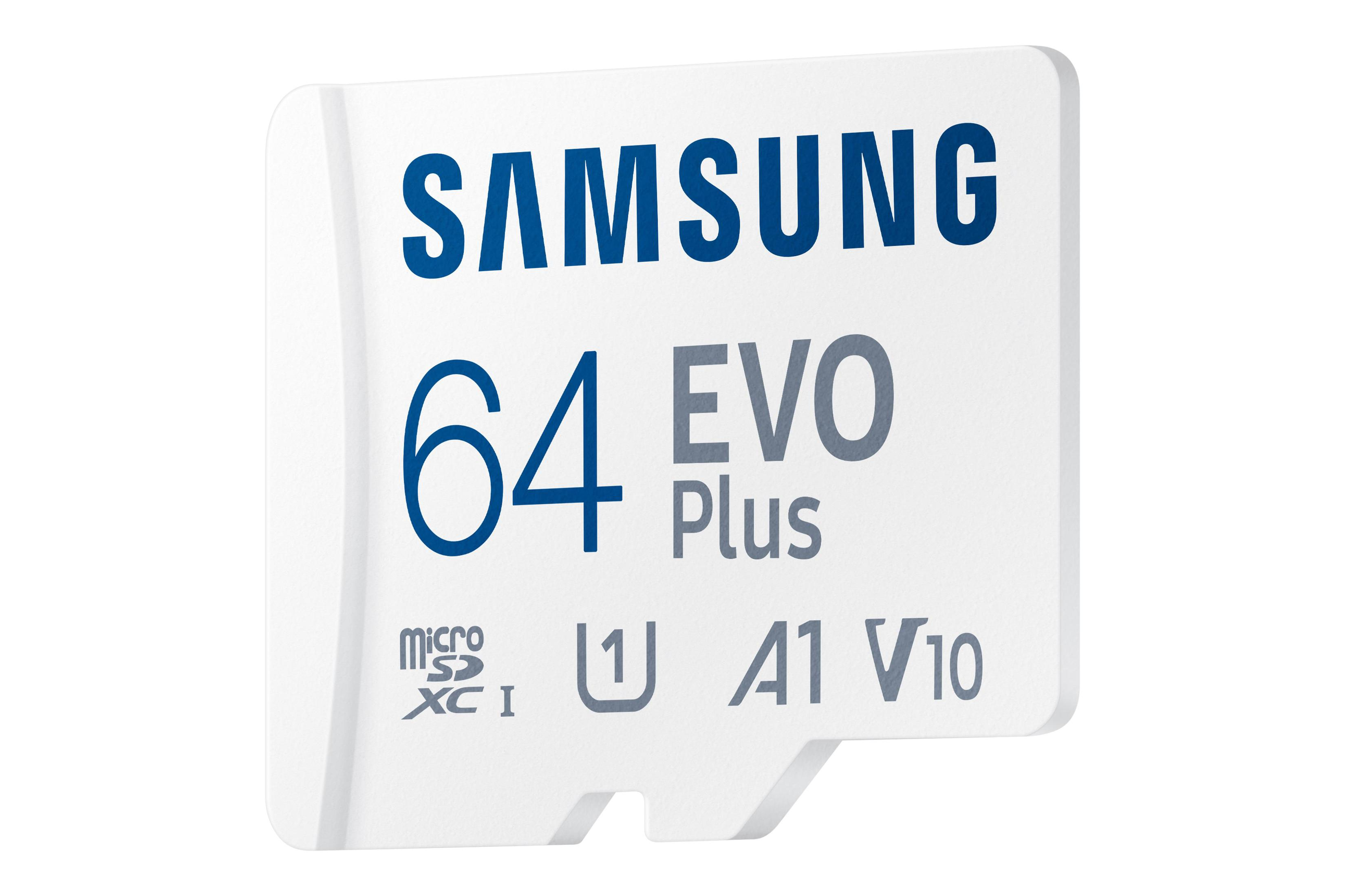 Eine weiße Samsung 64 EVO Plus MicroSD-Karte mit Text und Logo.