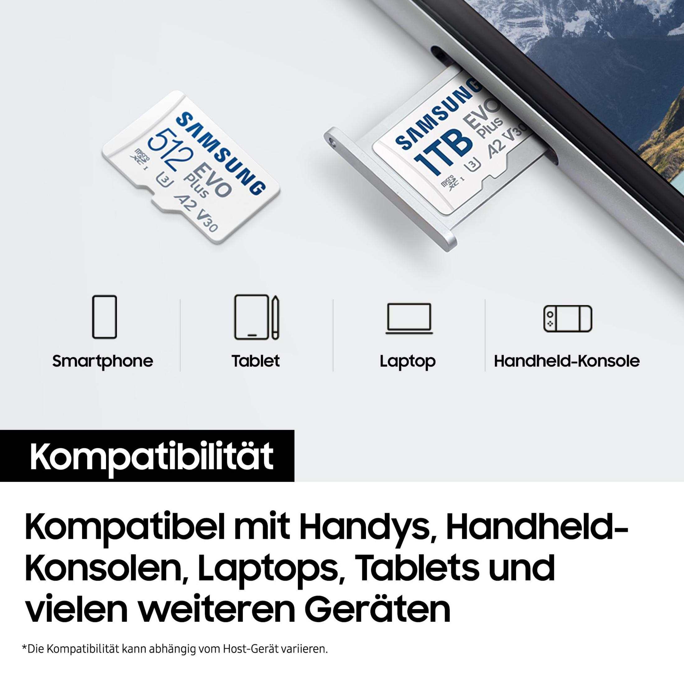 Karty SD Samsung EVO Plus, z tekstem o kompatybilności z różnymi urządzeniami.