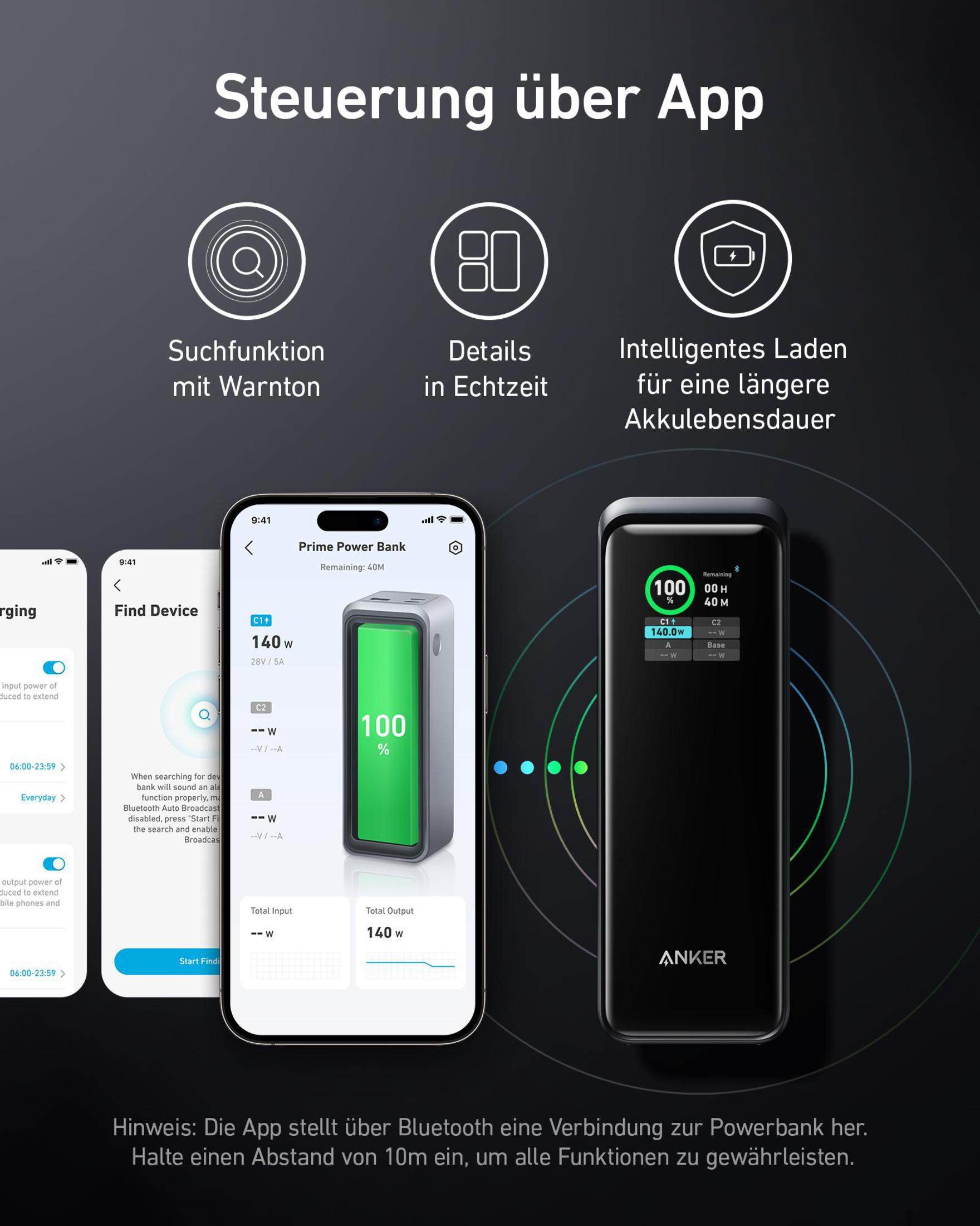 Screenshot di un'app per telefono con stato della batteria e impostazioni del dispositivo. Power bank nero a destra.