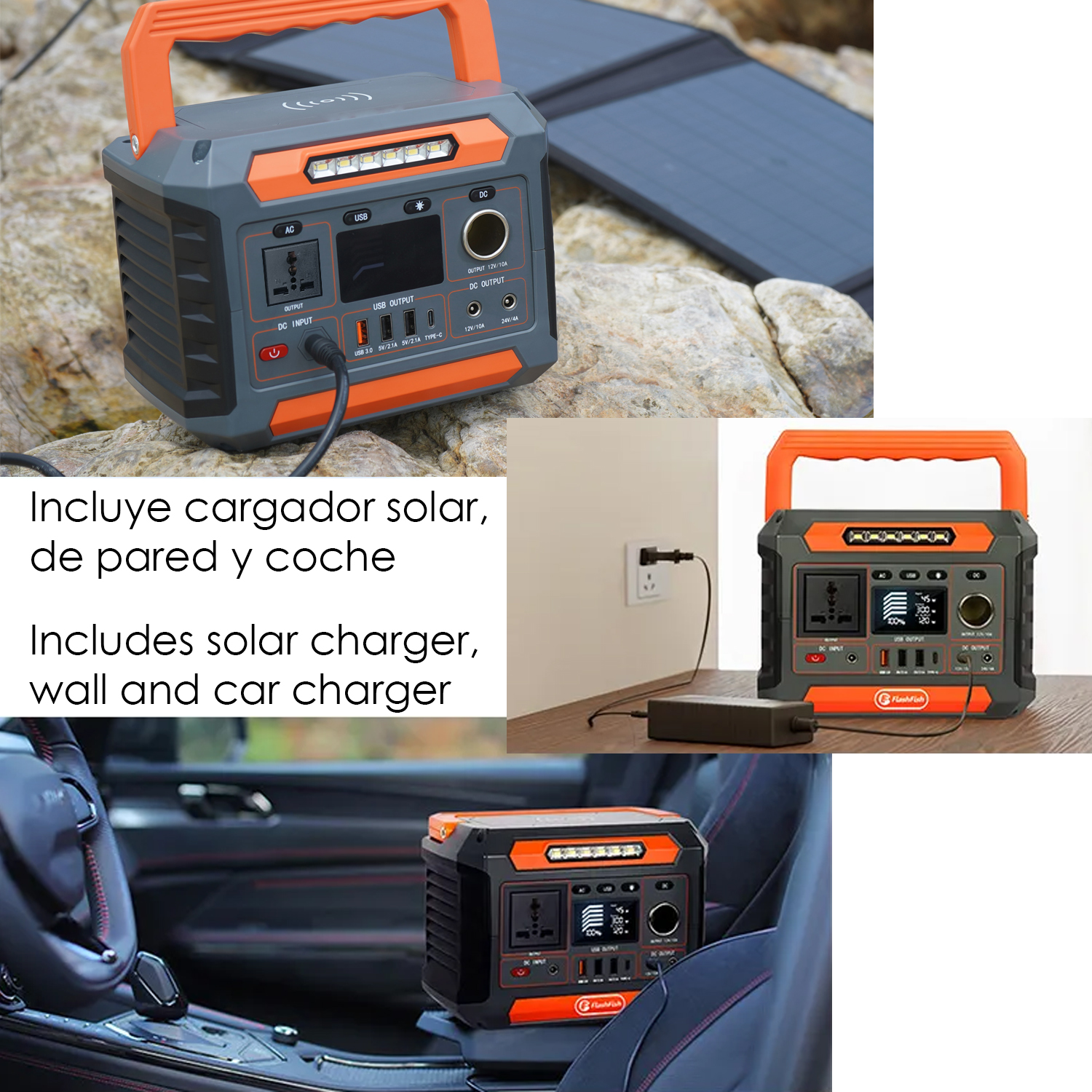 Estación de energía portátil con cargadores solar, de pared y de coche. Gris y naranja.