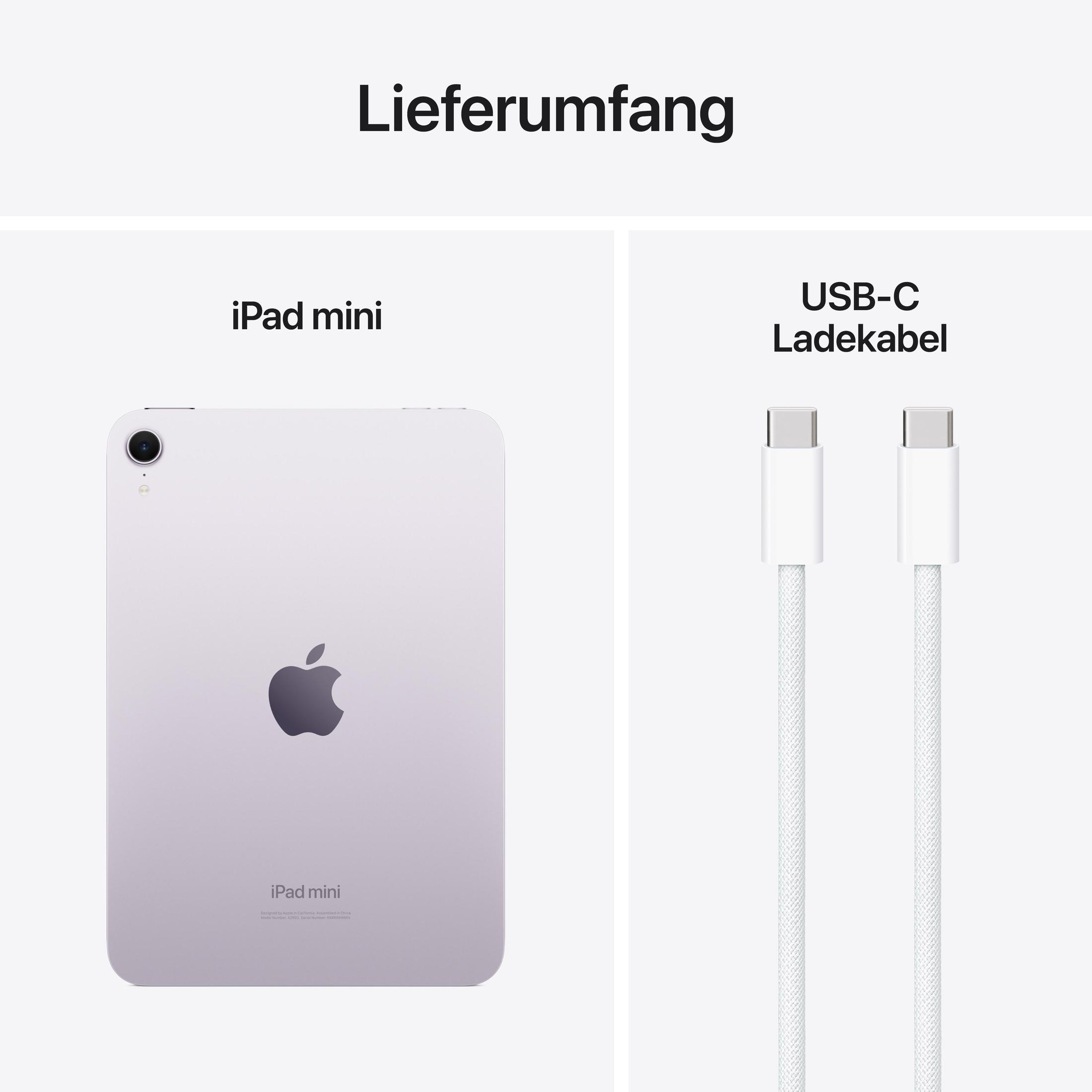 iPad mini i kabel ładujący USB-C obok siebie na białym tle.
