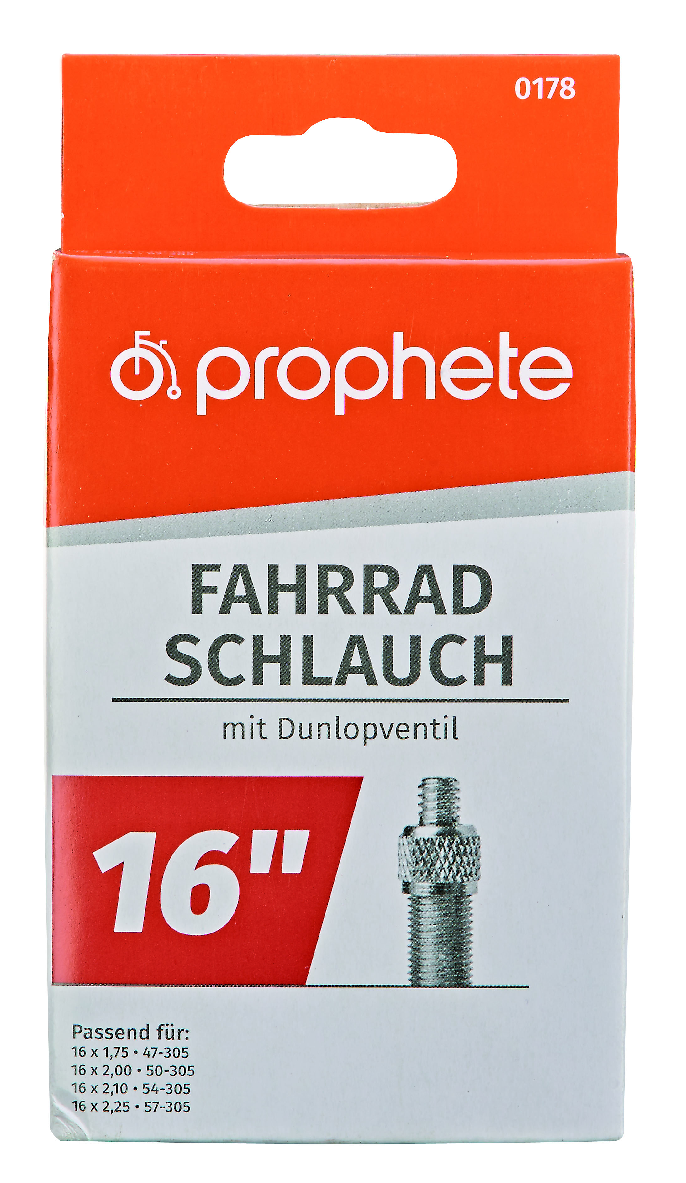 Eine Verpackung eines Fahrradschlauchs mit Ventil. Text: Fahrradschlauch, 16", passend für mehrere Größen.