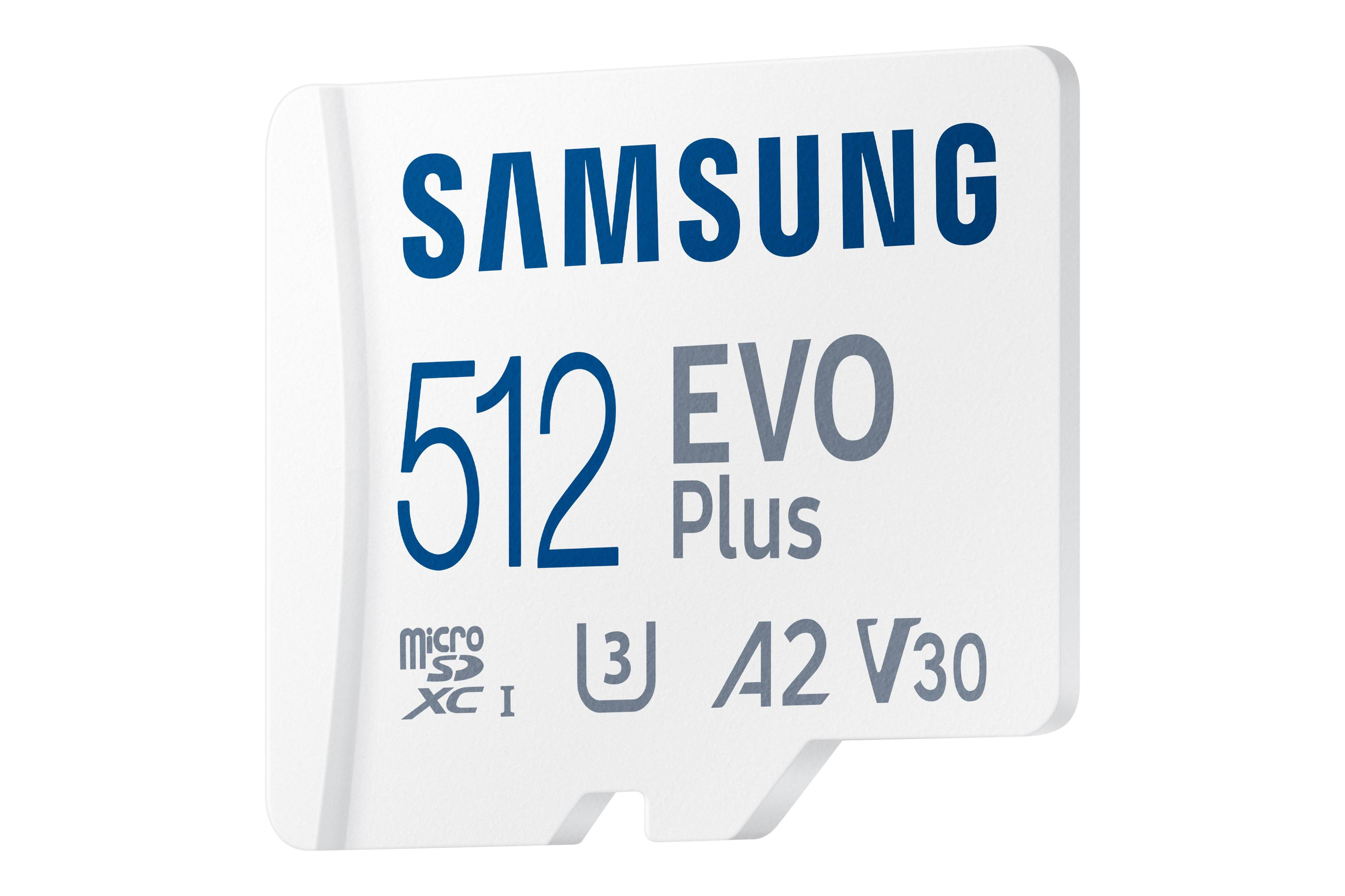 Eine weiße Samsung 512 EVO Plus Micro-SD-Karte auf weißem Hintergrund.