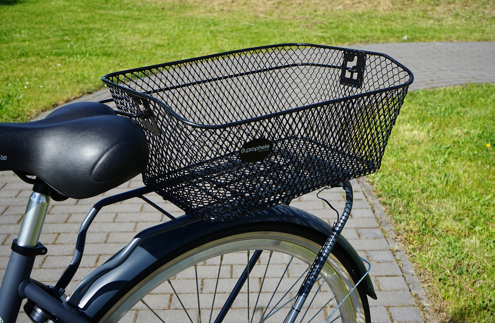 Nahaufnahme eines schwarzen Fahrradkorbs, der hinten an einem Fahrrad befestigt ist, auf einem gepflasterten Weg.