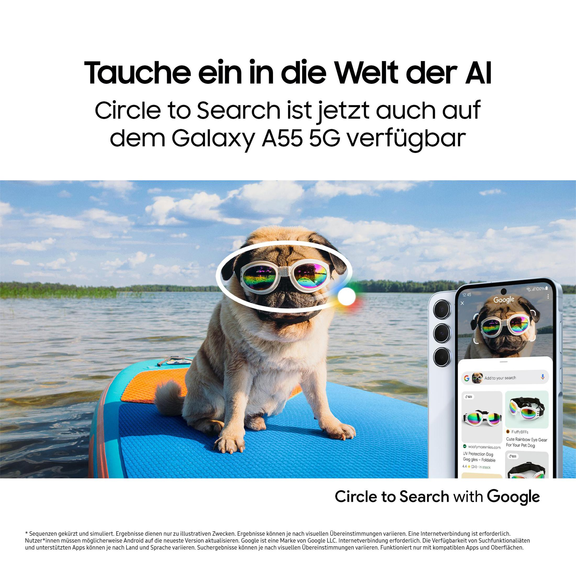 Een mopshond met zonnebril op een paddleboard, met een telefoon die zoekresultaten weergeeft.