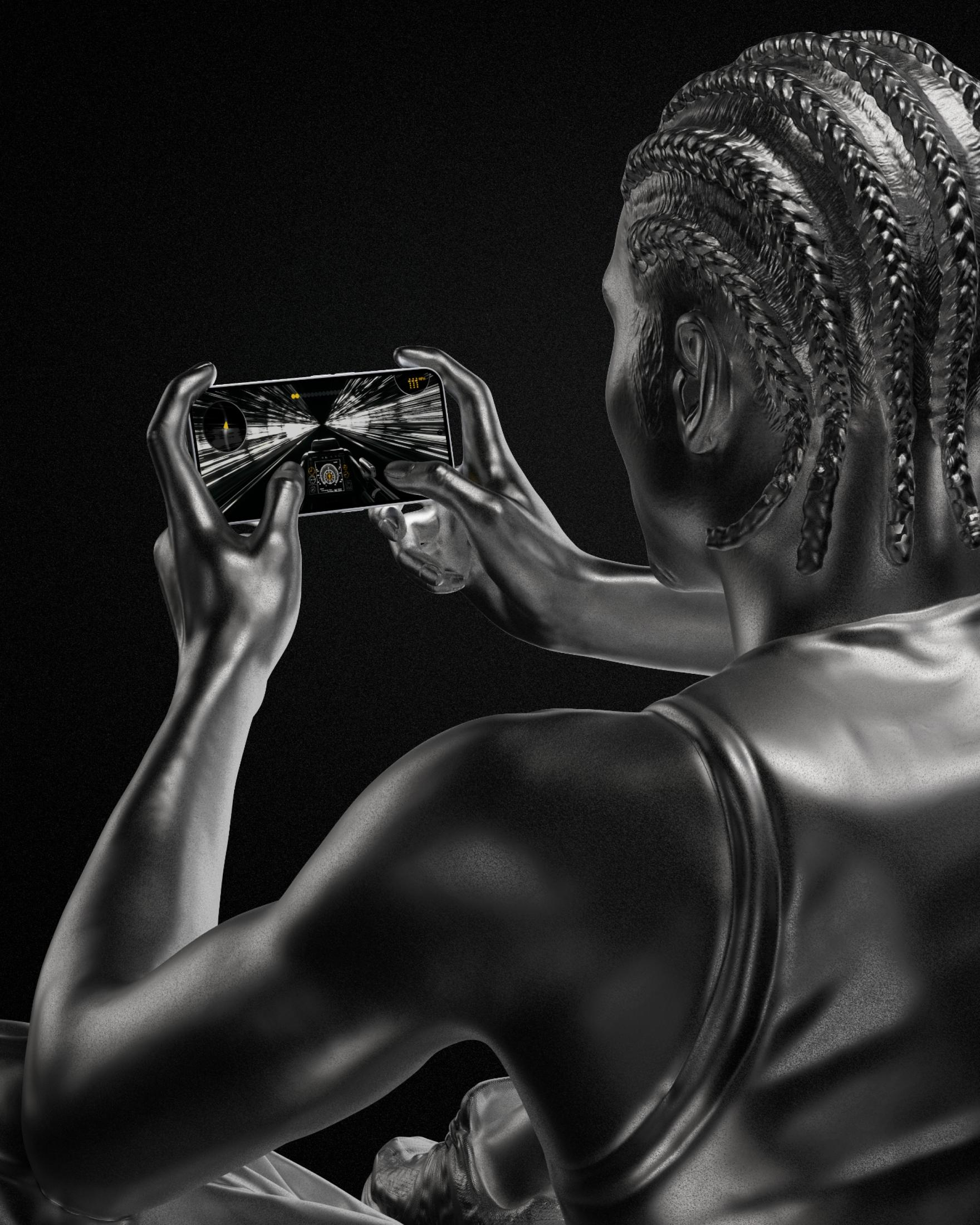 Osoba trzymająca telefon, grająca w grę, styl metalowego posągu.