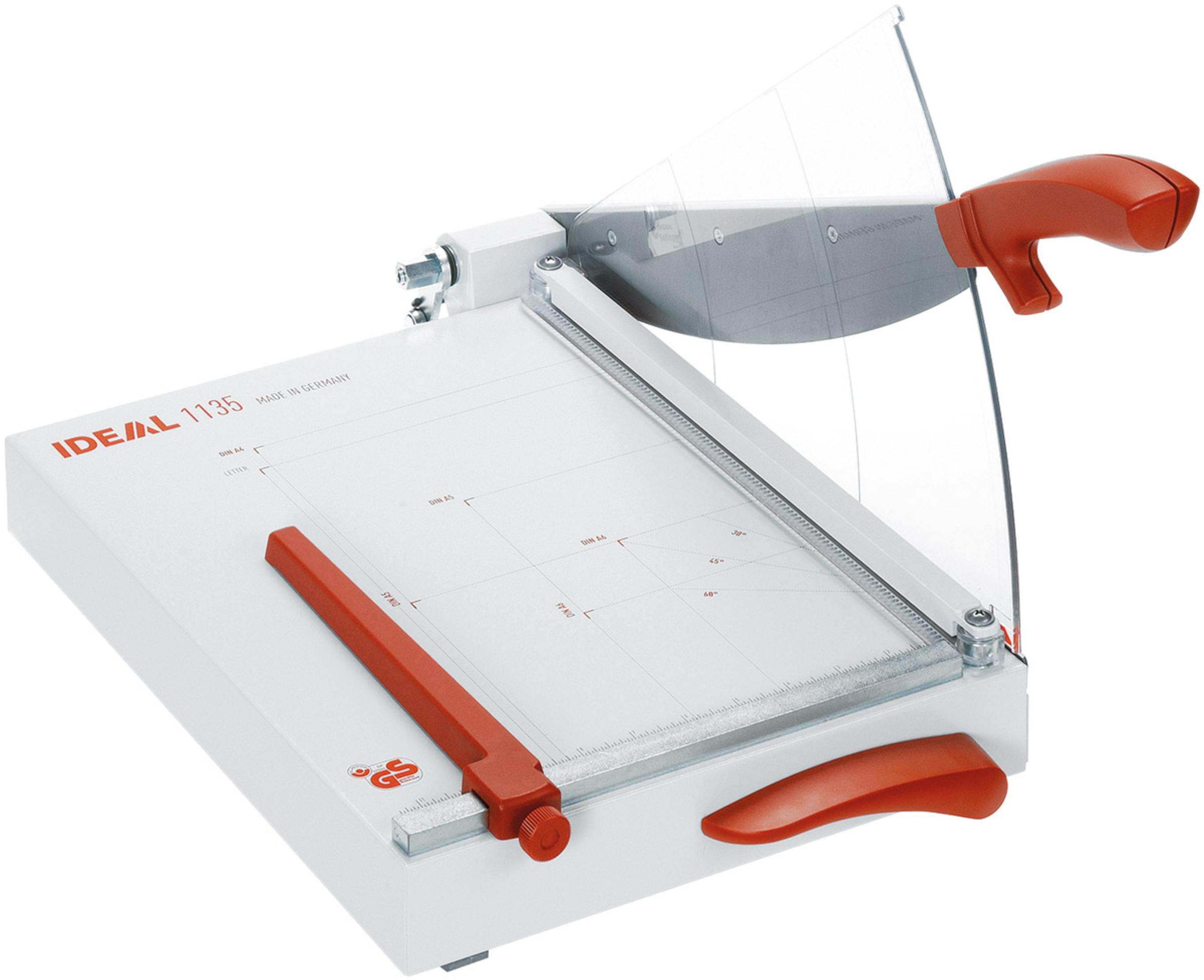 Papierschneider mit rotem Griff auf weißer Basis. Eine transparente Klinge ist ebenfalls vorhanden.