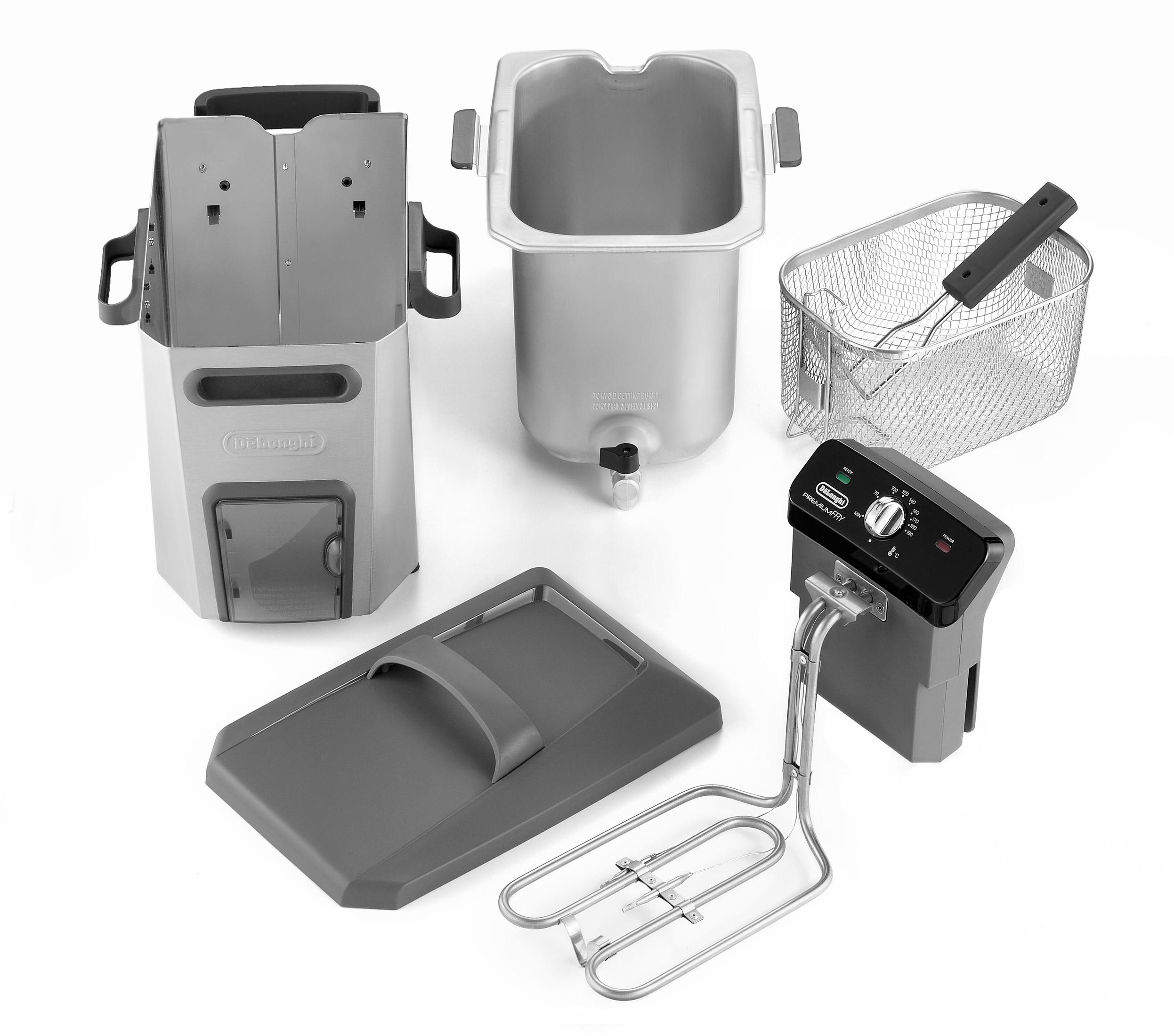 Rozłożone elementy frytownicy na białym tle: panel sterowania, kosz, pojemnik i pokrywa.