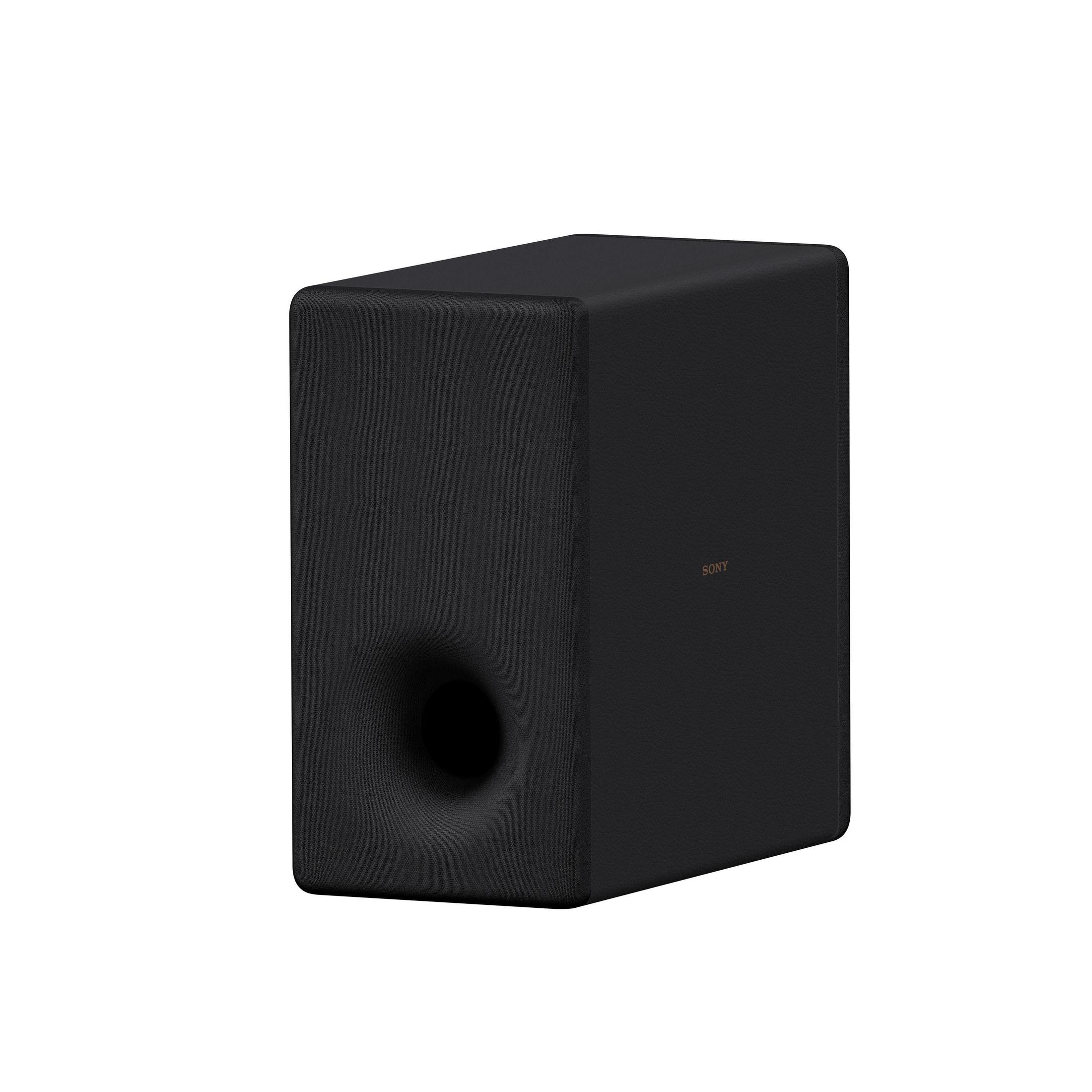 Un subwoofer nero e rettangolare con un'apertura circolare sul davanti. Lo sfondo è bianco.