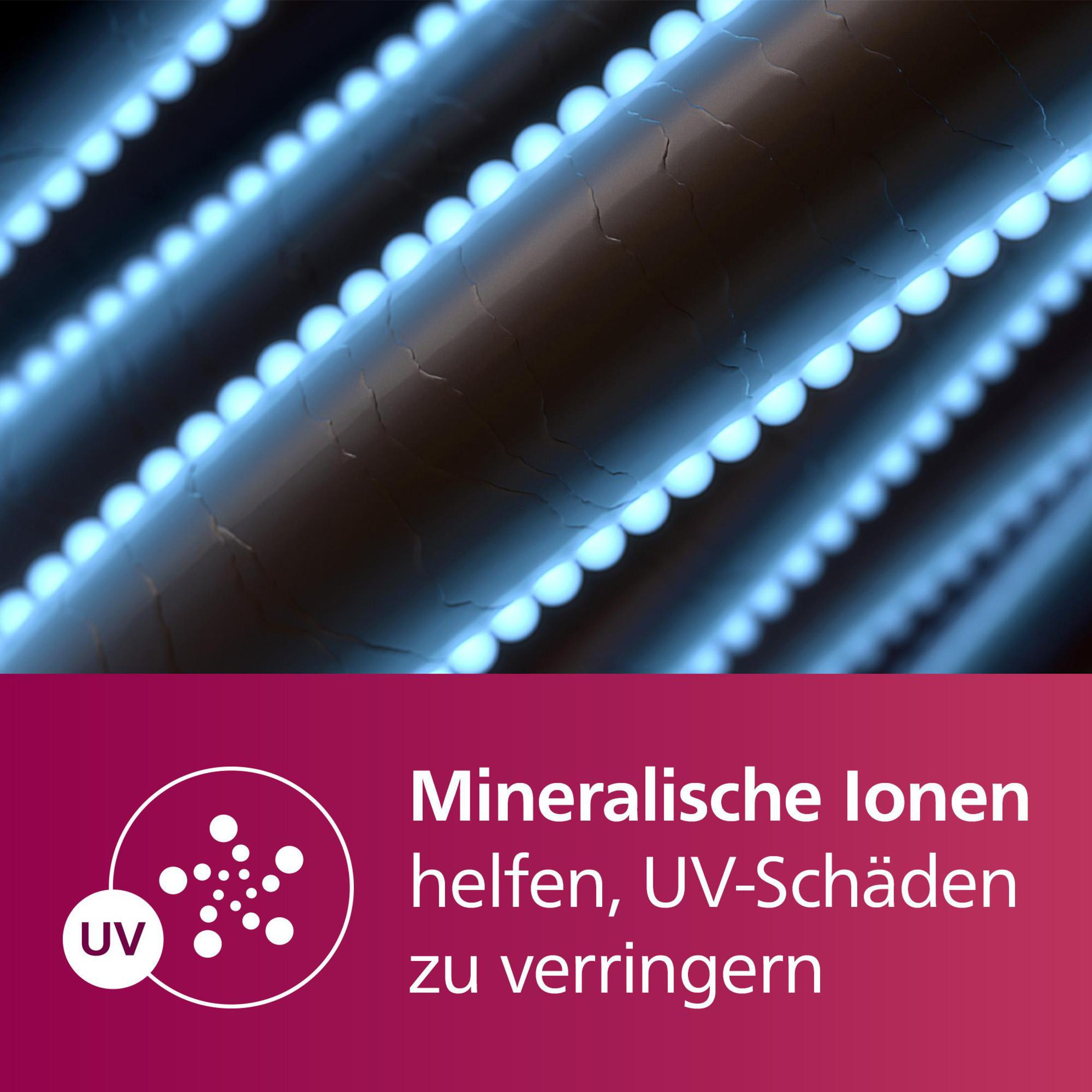Mikroskopowy widok pasm włosów z niebieskimi światłami. Tekst o uszkodzeniach UV na dole.