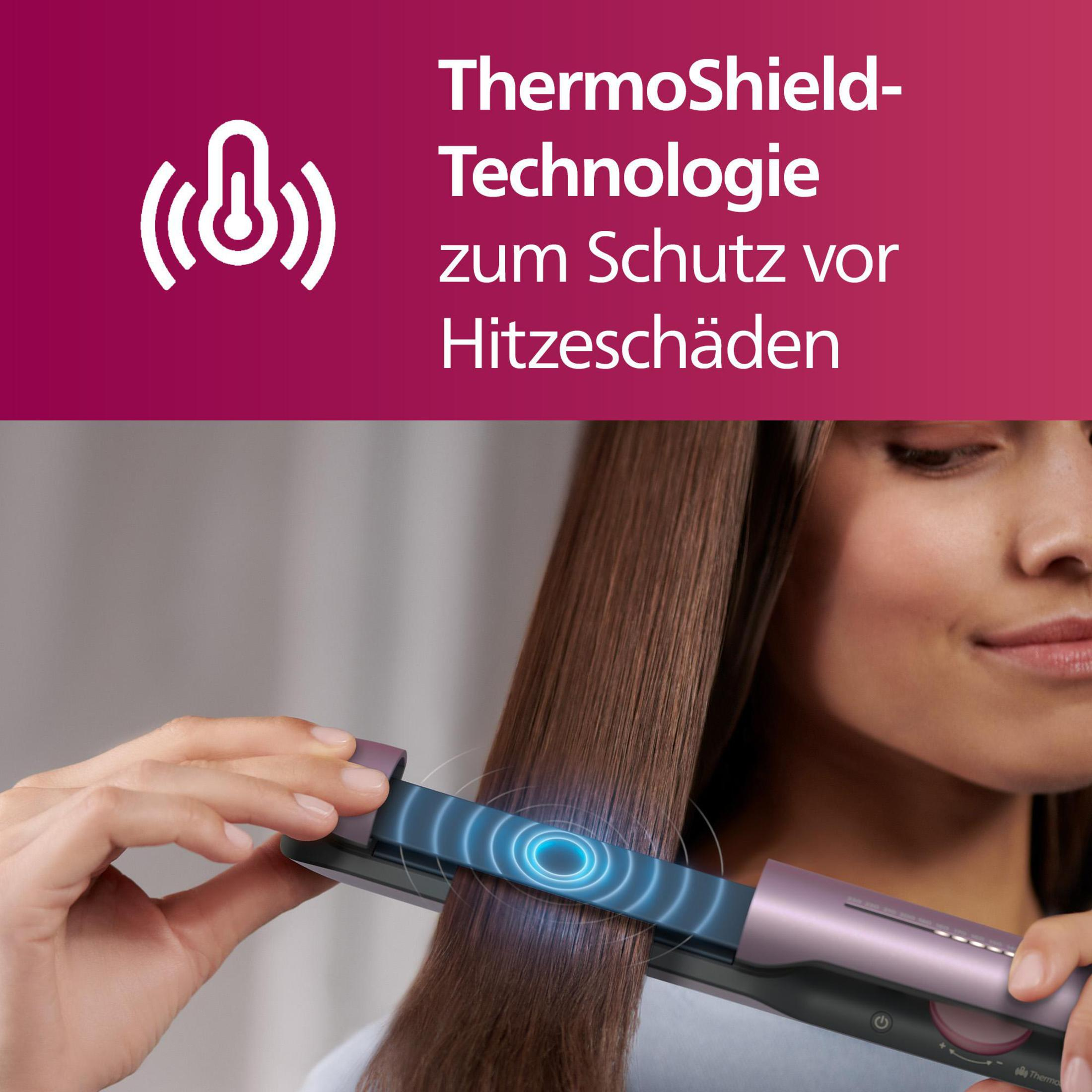 Frau benutzt ein Glätteisen. Text oben sagt ThermoShield Technologie zum Schutz vor Hitzeschäden.