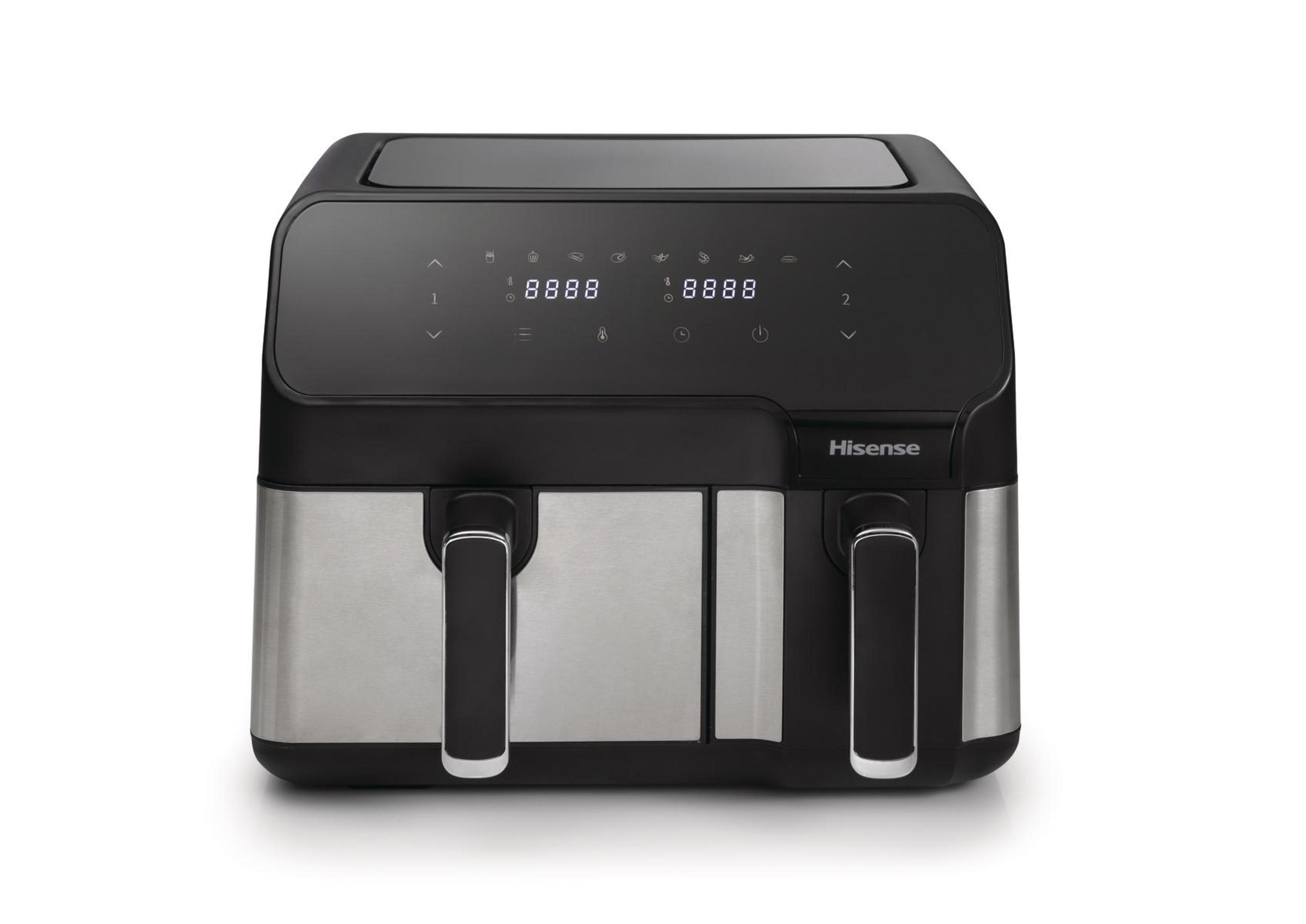 Zwarte en zilveren airfryer met twee compartimenten, digitaal display en witte achtergrond.