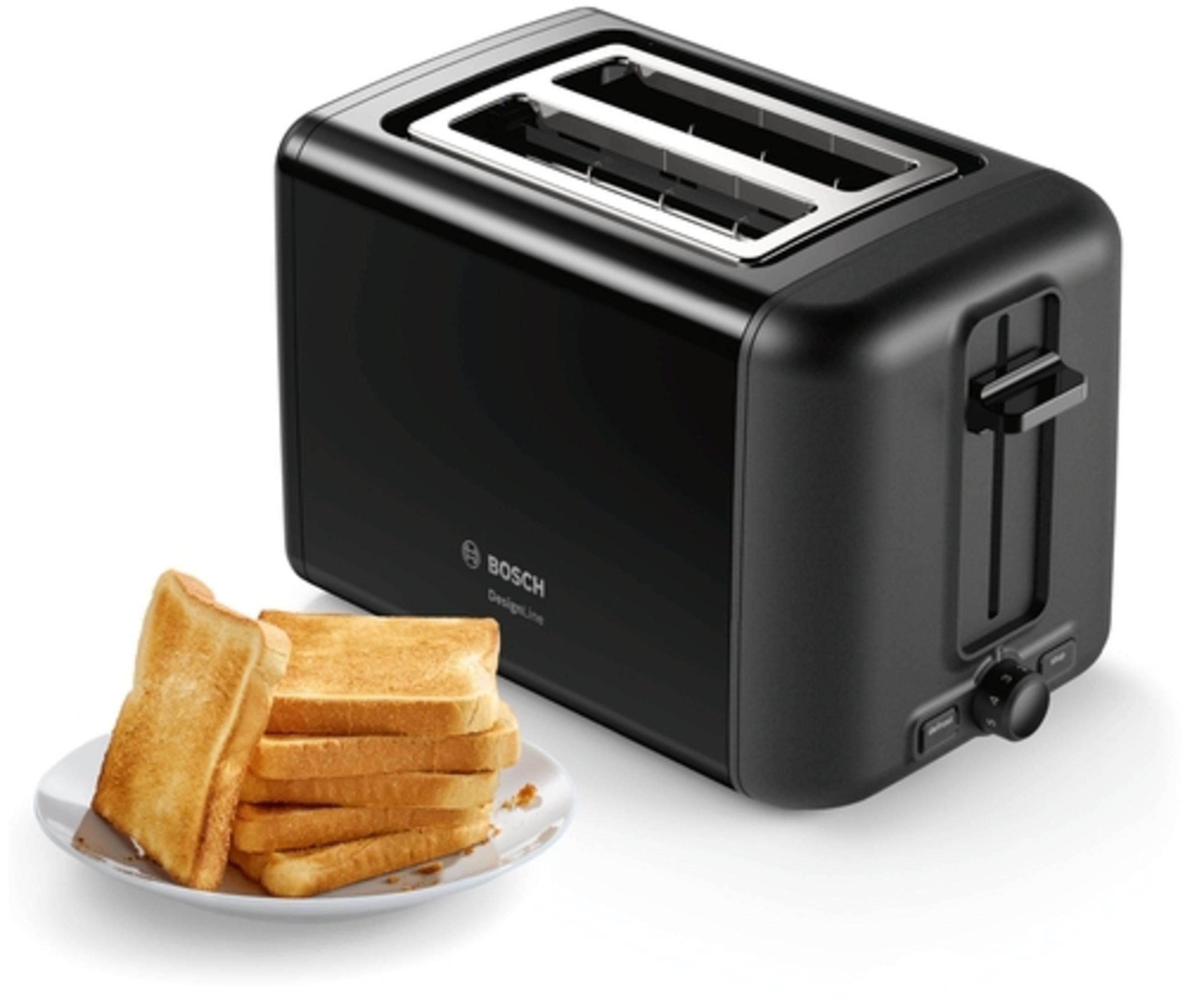 Zwarte Bosch broodrooster met toast op een bord. De broodrooster staat op een witte achtergrond.