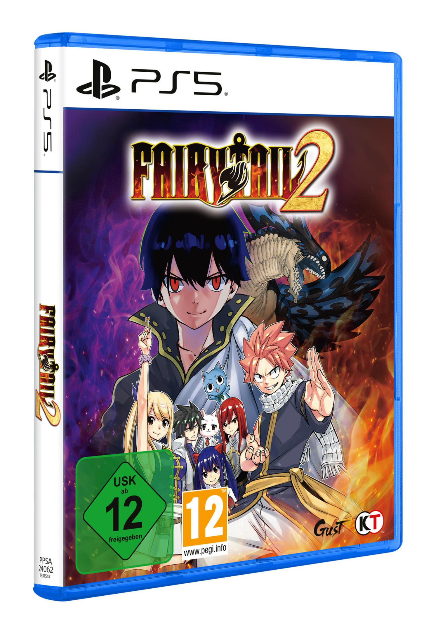 PS5-Spielbox, Fairy Tail 2. Charaktere auf dem Cover, Flammen im Hintergrund. PEGI 12.