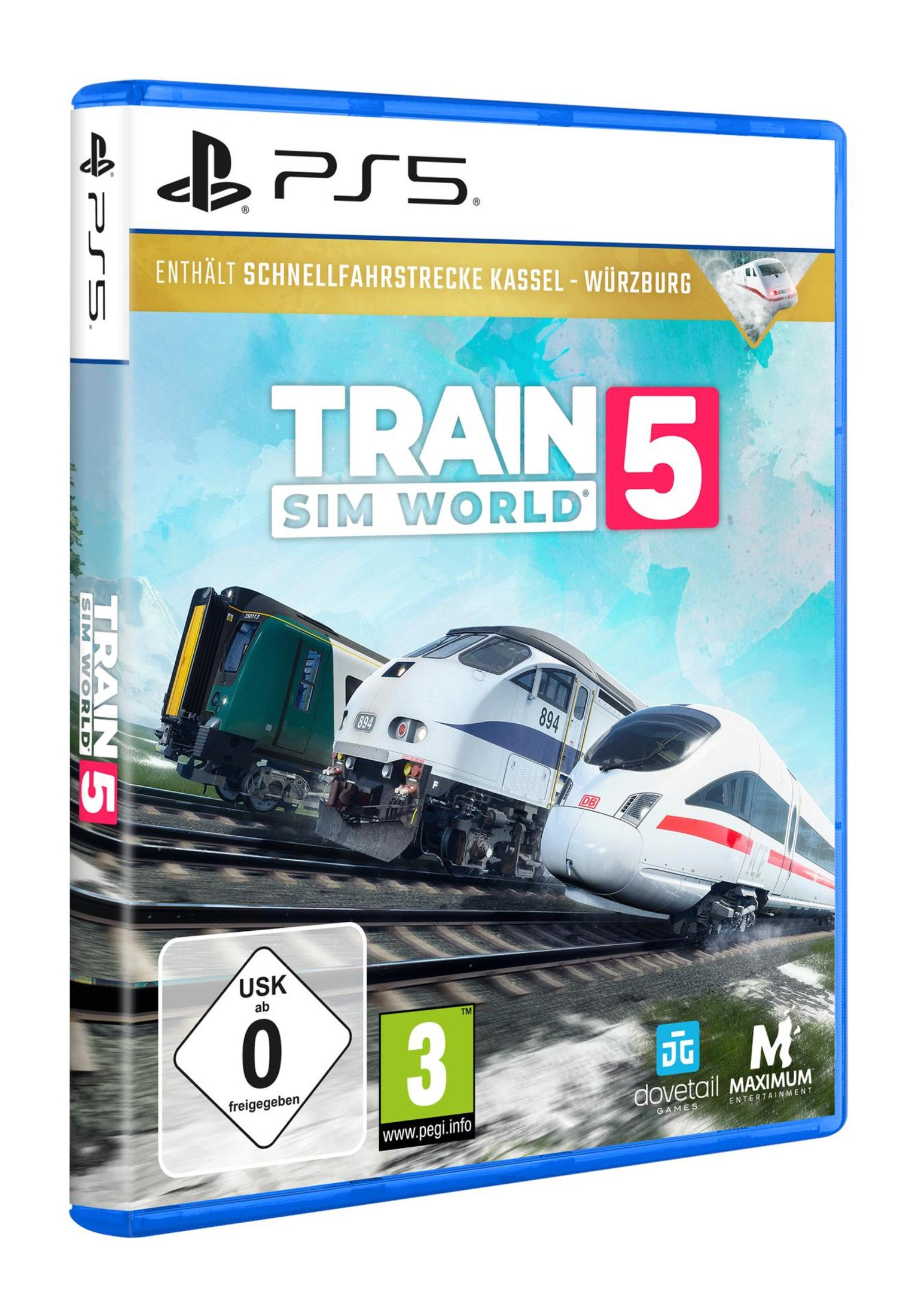 Spielverpackung für Train Sim World 5 auf PS5. Enthält Bilder von Zügen auf Gleisen. Die Box ist blau und weiß.