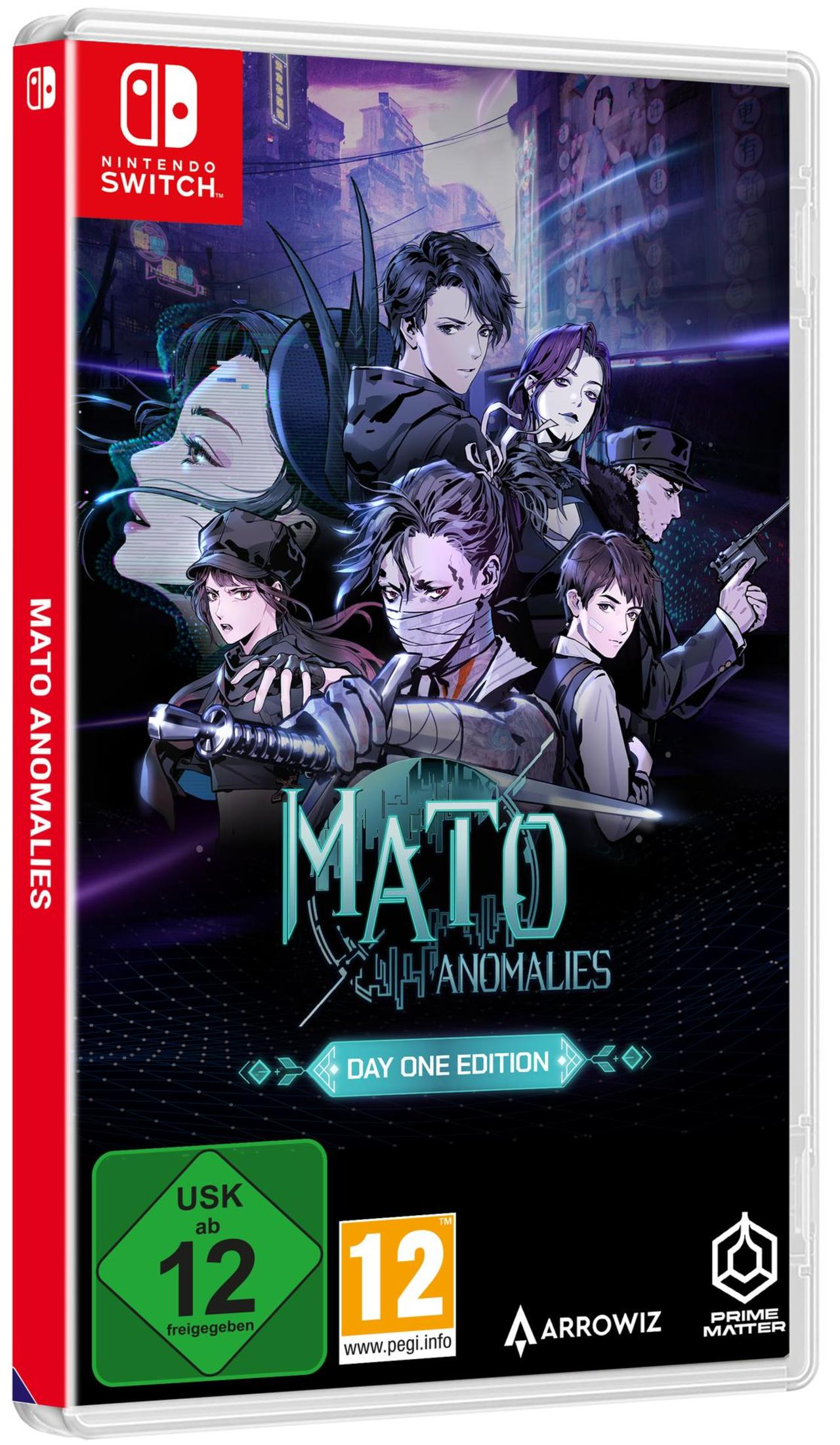 Nintendo Switch-Spielbox, Mato Anomalies. Charaktere auf dem Cover, urbaner Hintergrund. USK 12.