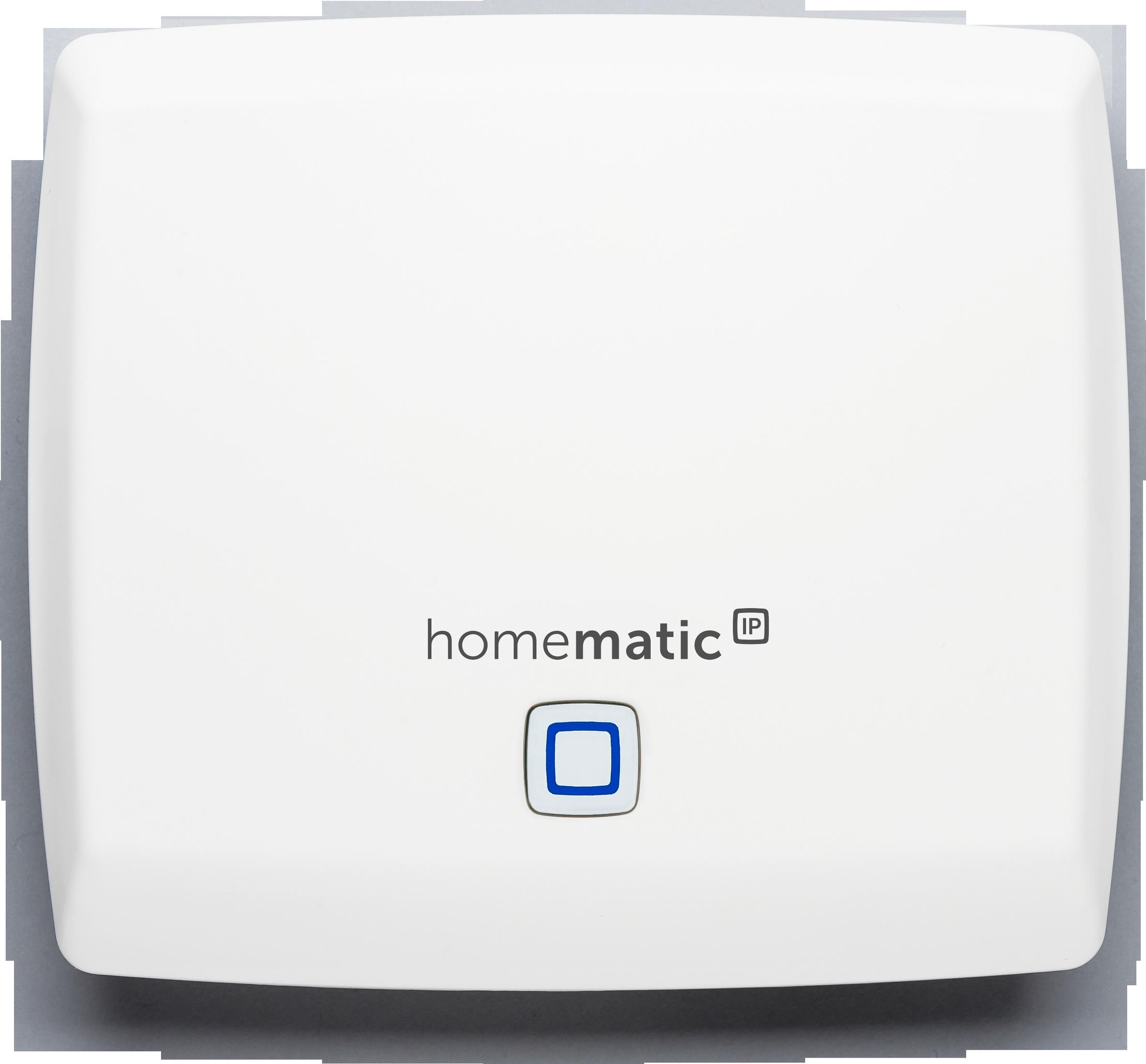 Ein weißes Homematic IP-Gerät mit blauem Knopf. Weißer Hintergrund.