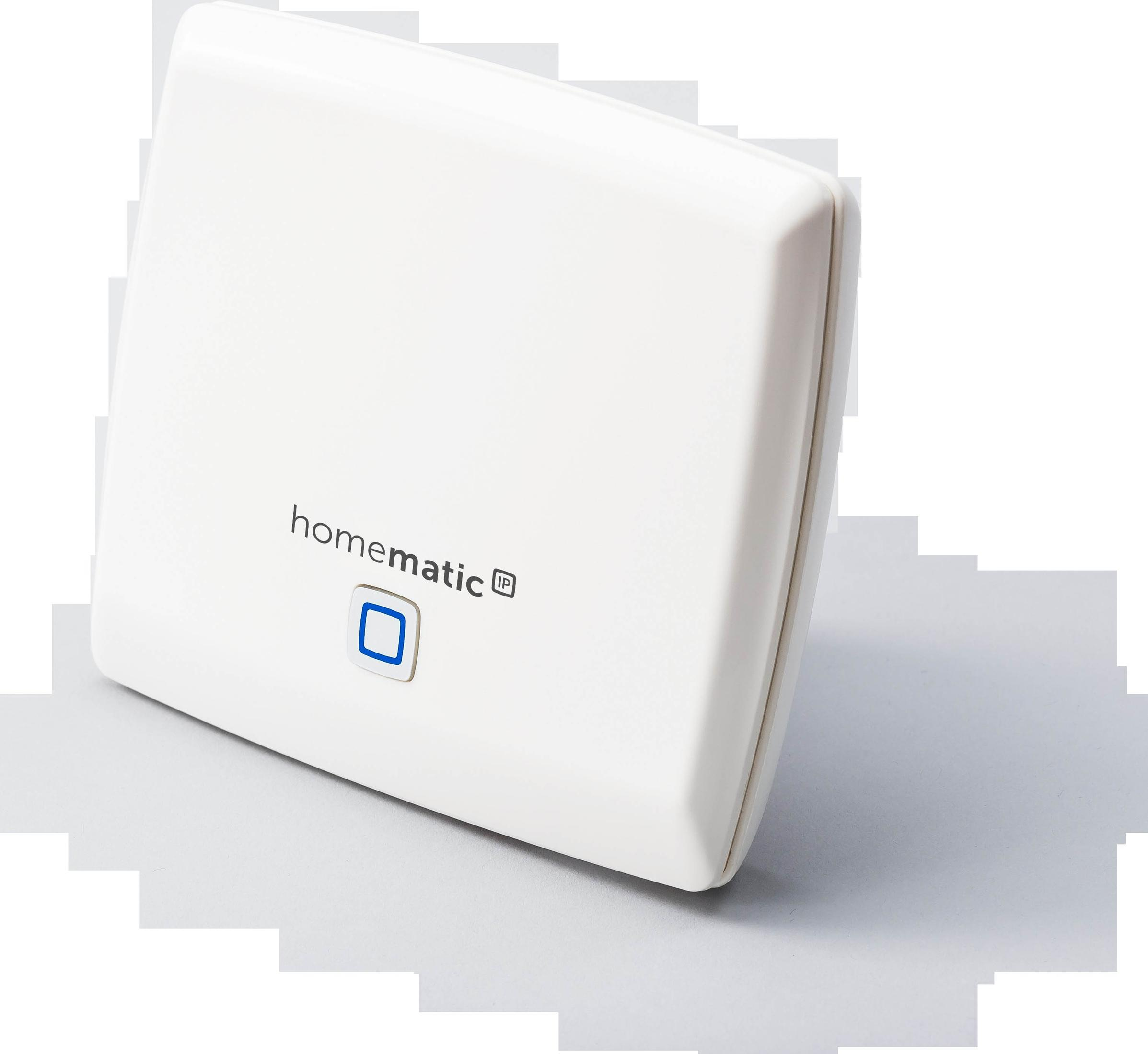 Weißes Gerät mit Homematic IP-Logo und blauem Knopf. Winkelansicht.