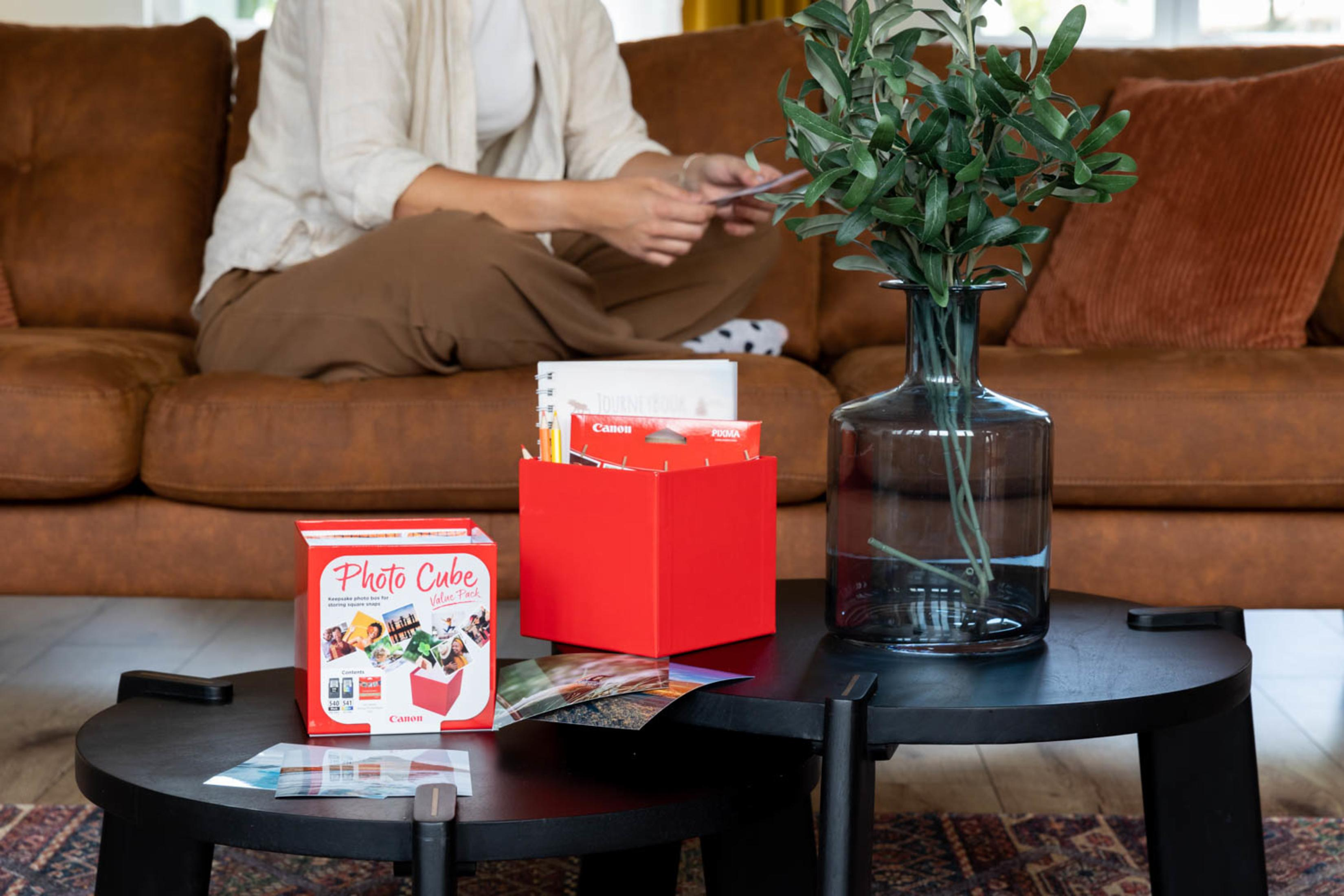 Salon z osobą, czerwonym Photo Cube, zdjęciami i wazonem z roślinami.