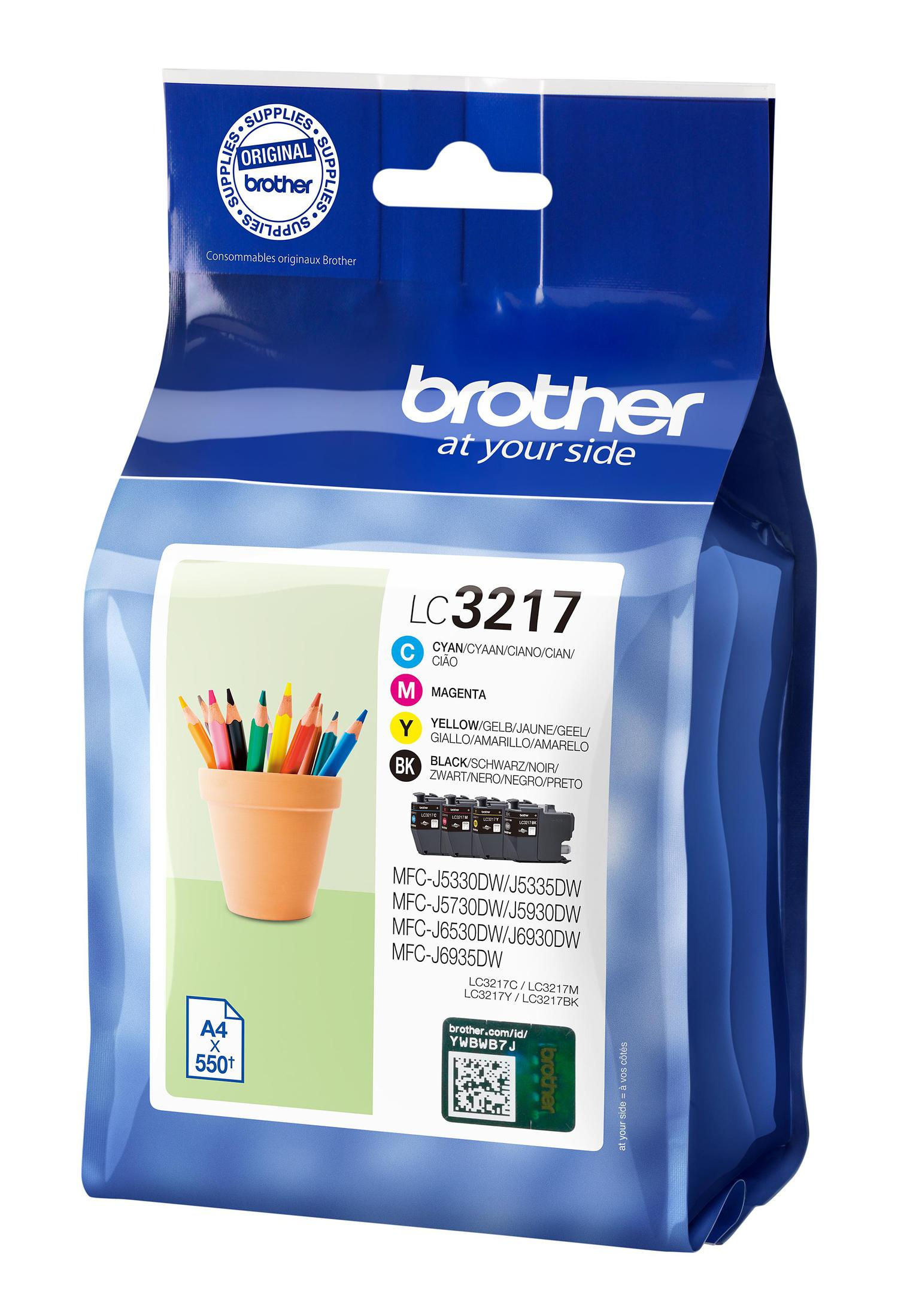 Brother LC3217 ink cartridge pack. Contains cyan, magenta, yellow, and black cartridges.