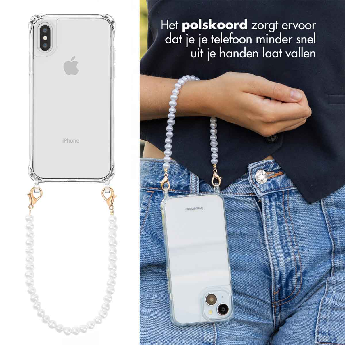 IMOSHION Backcover met koord + armband - Parels 2.0 adatta per Apple iPhone X / Xs Cover per iPhone X/ iPhone Xs, Trasparente, Bianco