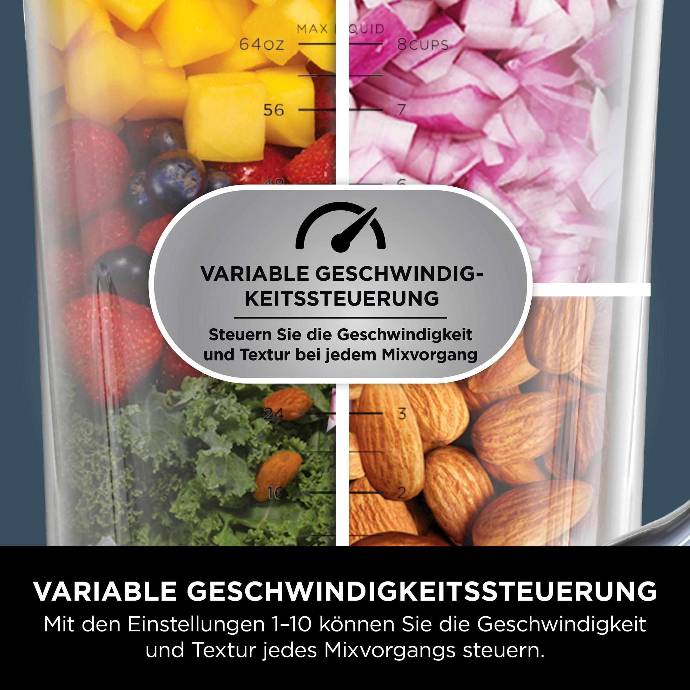 Blender with fruits and nuts. Text: Variable speed control. Ingredients: mango, strawberries, blueberries, almonds, kale.