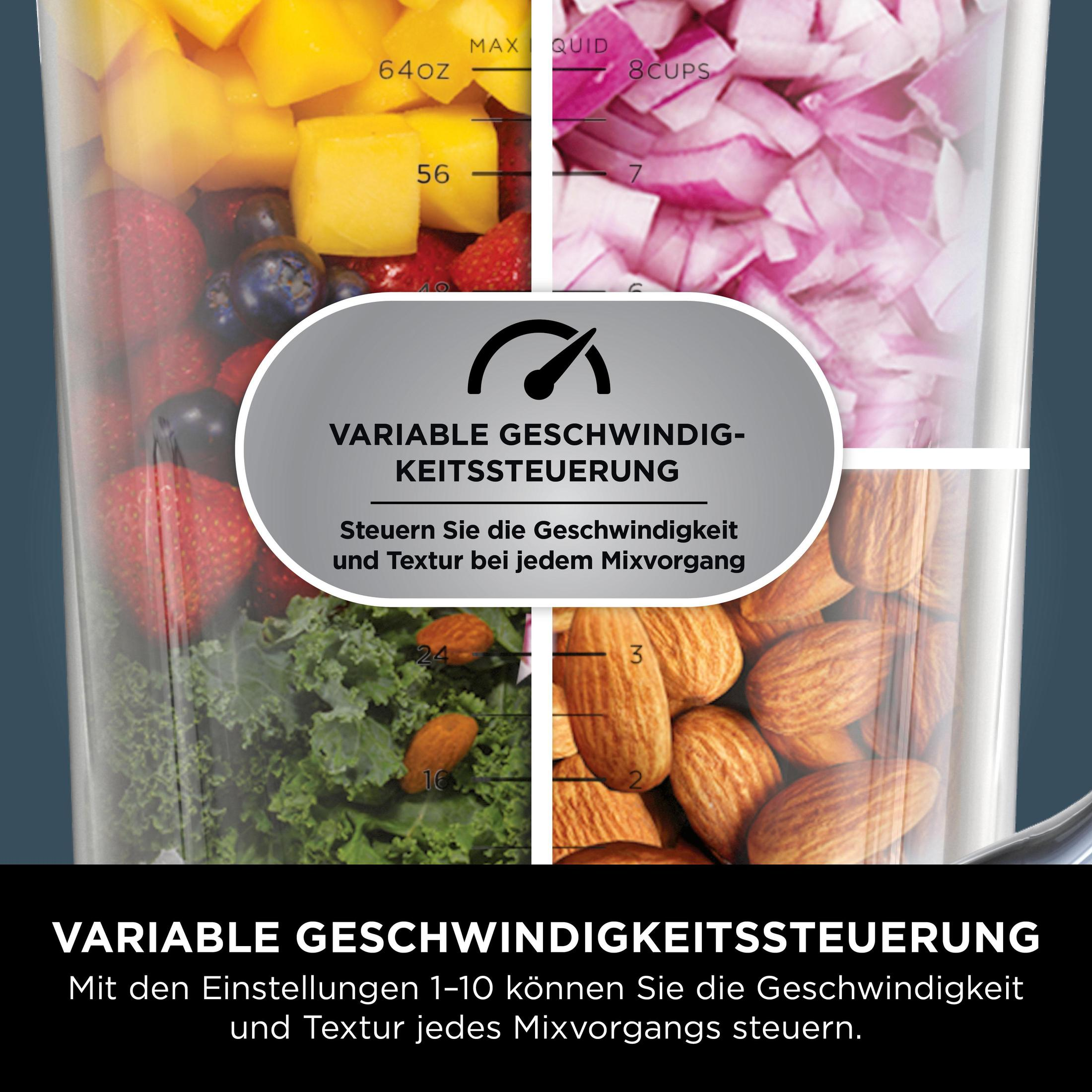 Zbliżenie blendera z różnymi składnikami, z panelem sterowania pośrodku.