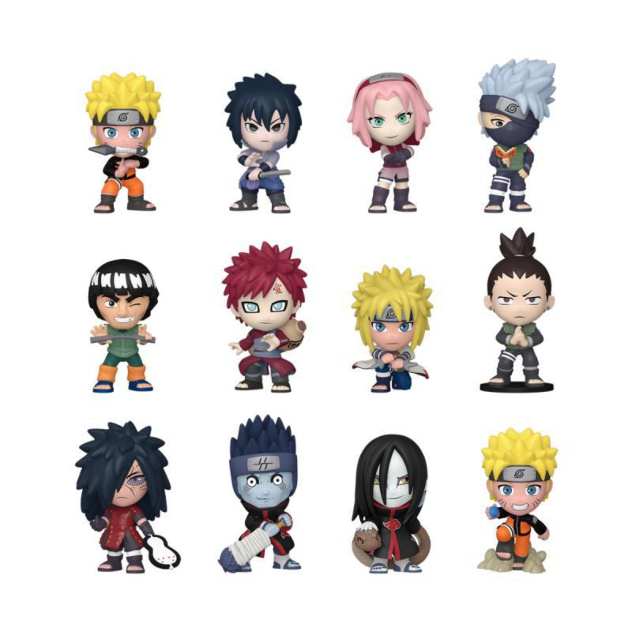 Colección de figuras de anime Naruto en varias poses, sobre un fondo blanco.
