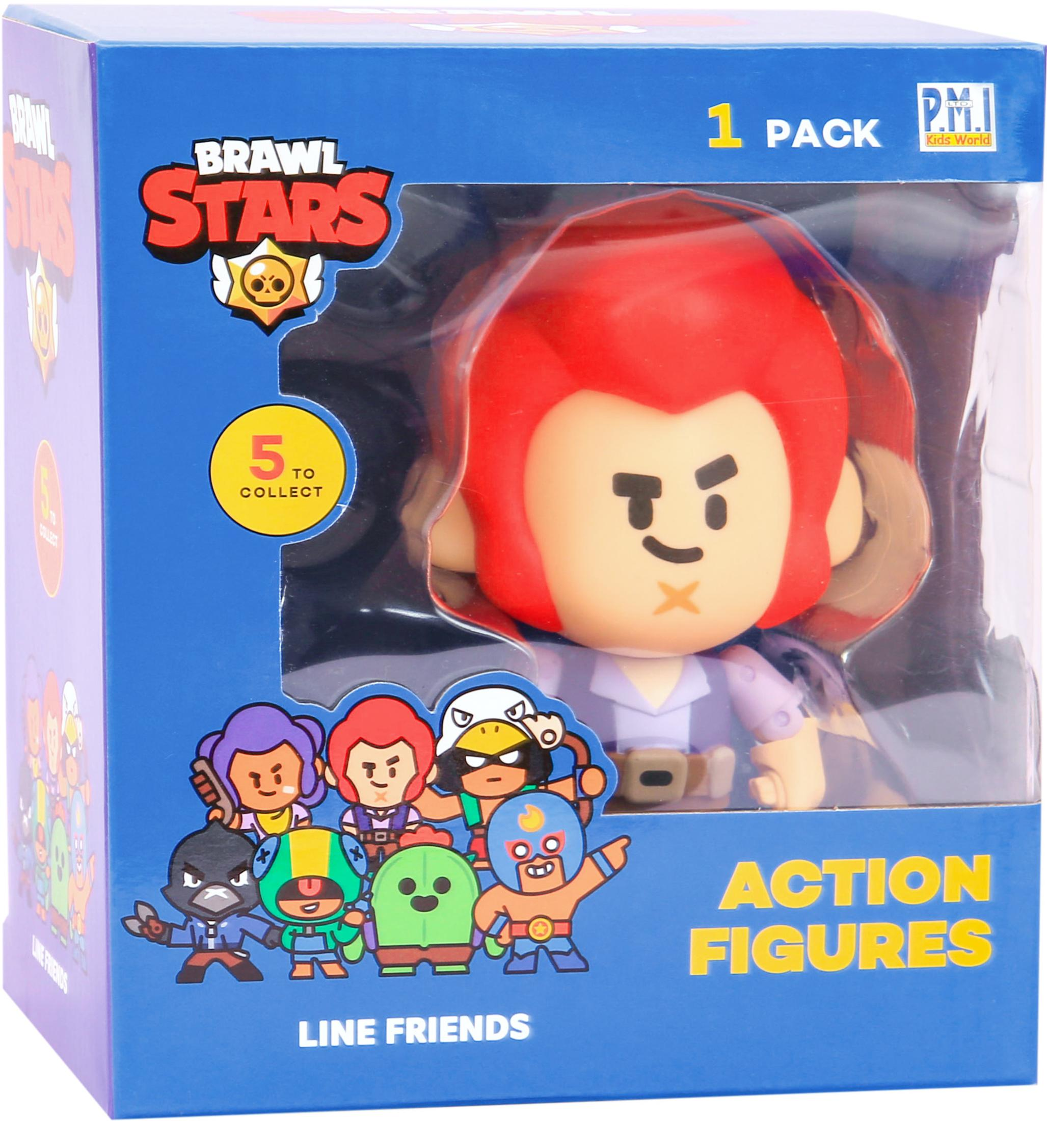 Brawl Stars Spielfigur in einer blauen Box. Enthält eine Zeichentrickfigur mit roten Haaren und strengem Gesicht.