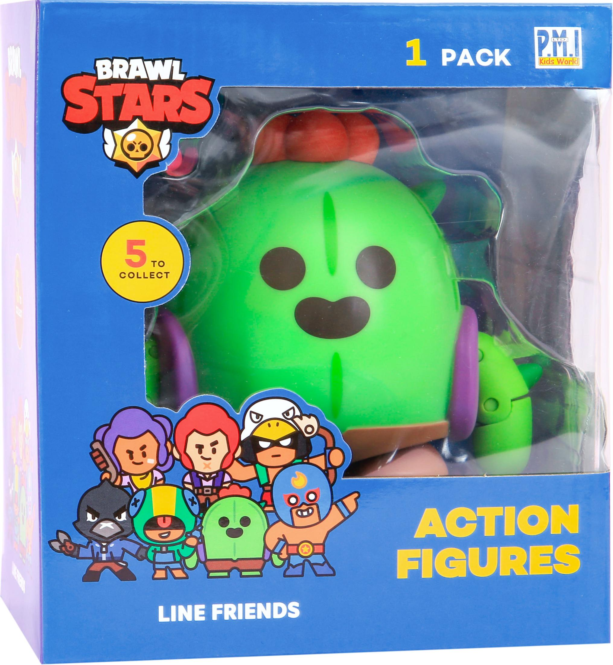 Eine Spielfigur eines grünen Kaktus-Charakters in einer Brawl Stars-Box mit mehreren Figuren.