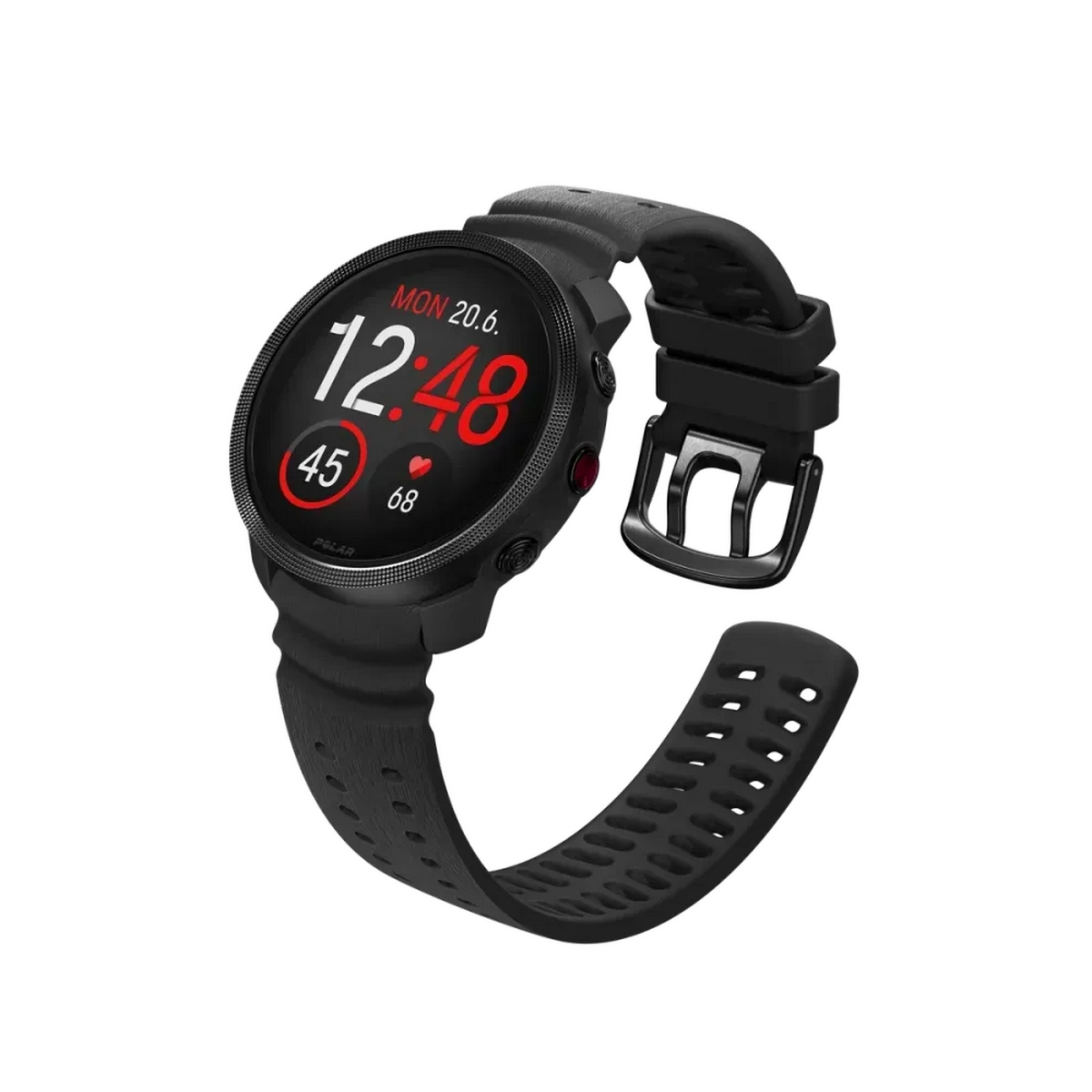 Czarny smartwatch z okrągłą tarczą, pokazujący czas i tętno, na białym tle.