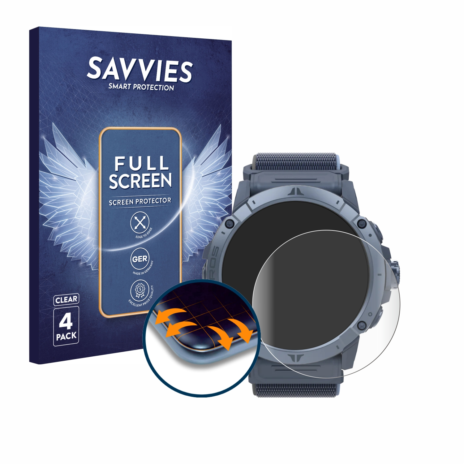 Box mit Displayschutzfolie und Smartwatch. Die Displayschutzfolie hat eine klare Folie.