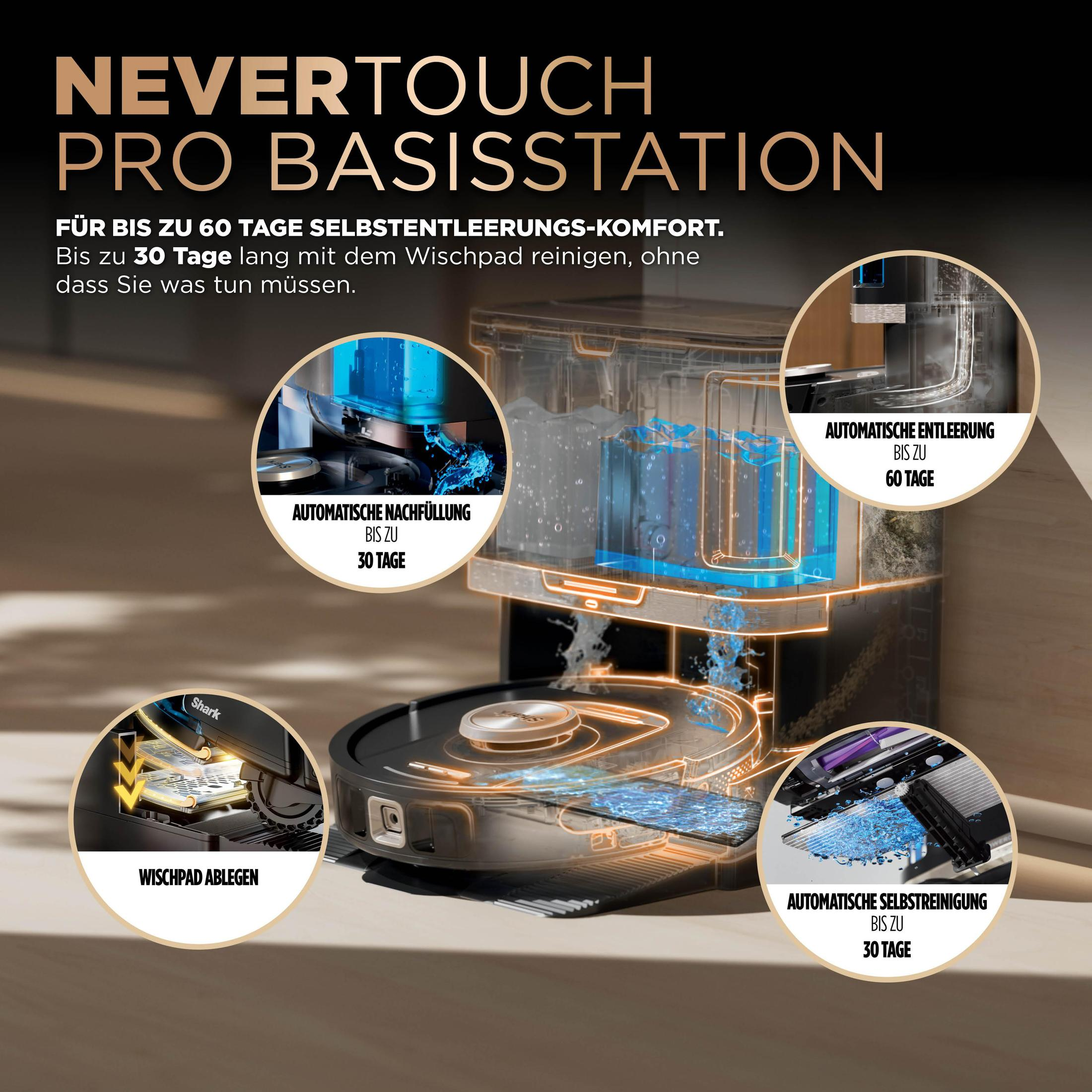 Robot odkurzający z bazą. Posiada automatyczne czyszczenie, napełnianie i opróżnianie, ze szczegółami.