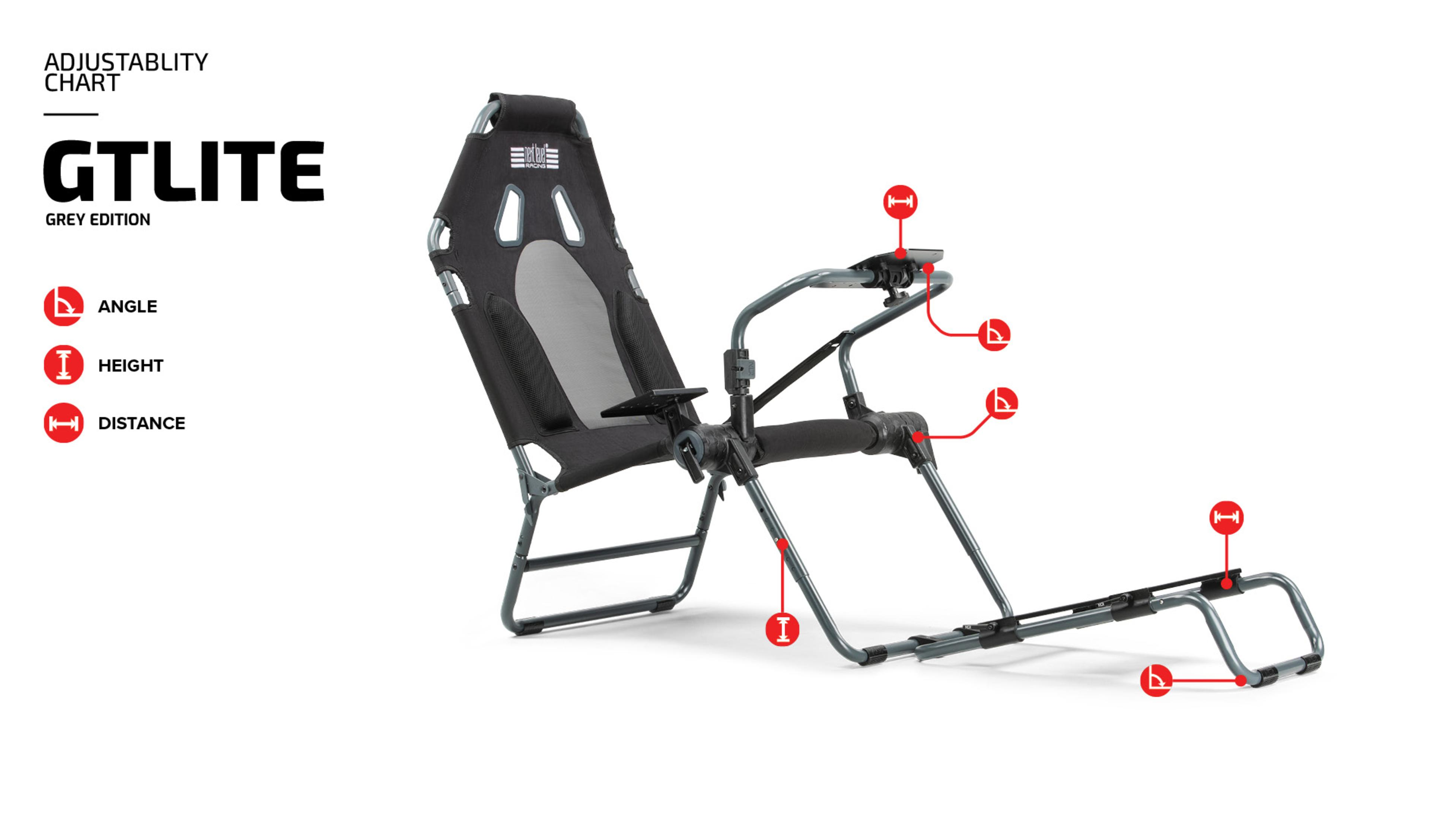 Sedia da gaming GT LITE grigia con angolo, altezza e distanza regolabili su sfondo bianco.