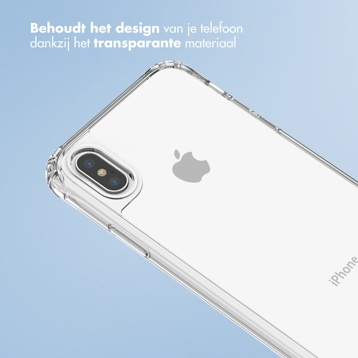 Une coque de téléphone transparente sur fond bleu, tenant un téléphone. La coque a un design transparent.