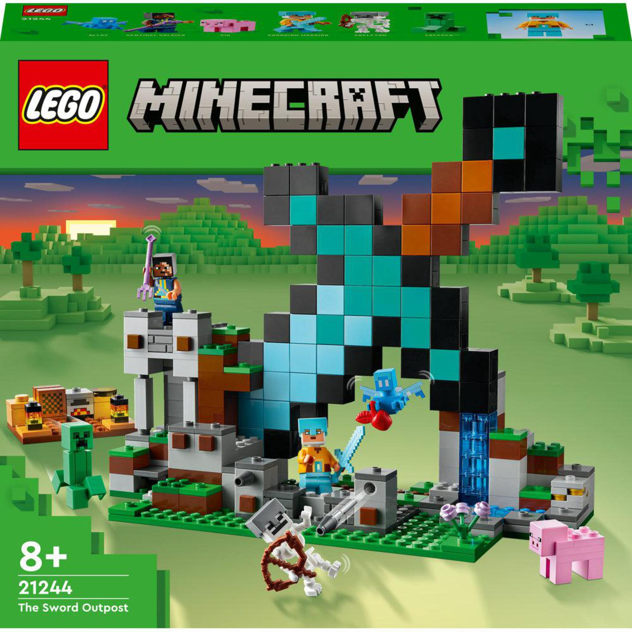 Ensemble Lego Minecraft. Personnages à l'arrière-plan, une grande structure bleue avec une épée.