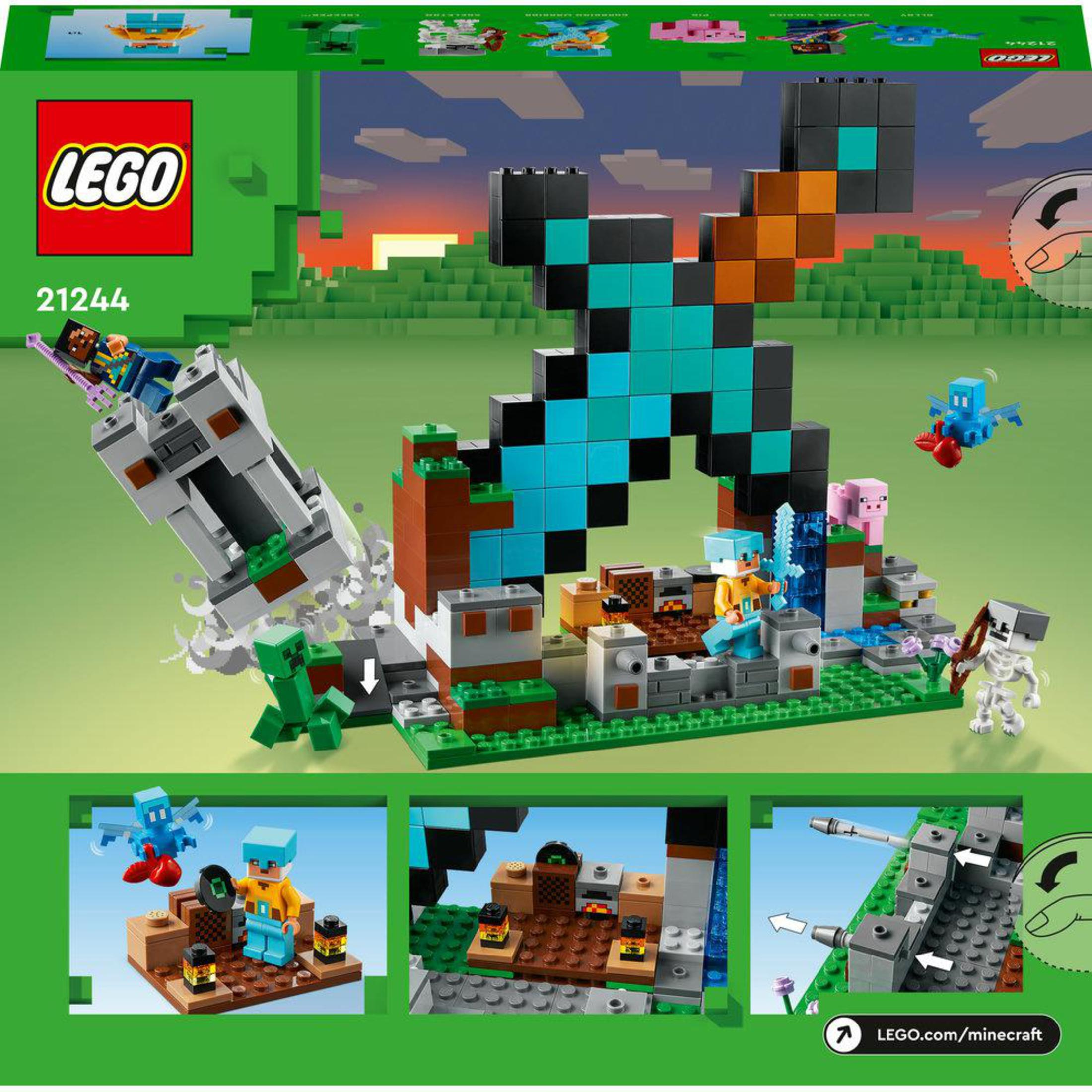 Boîte du set LEGO Minecraft avec plusieurs scènes de construction et figurines.