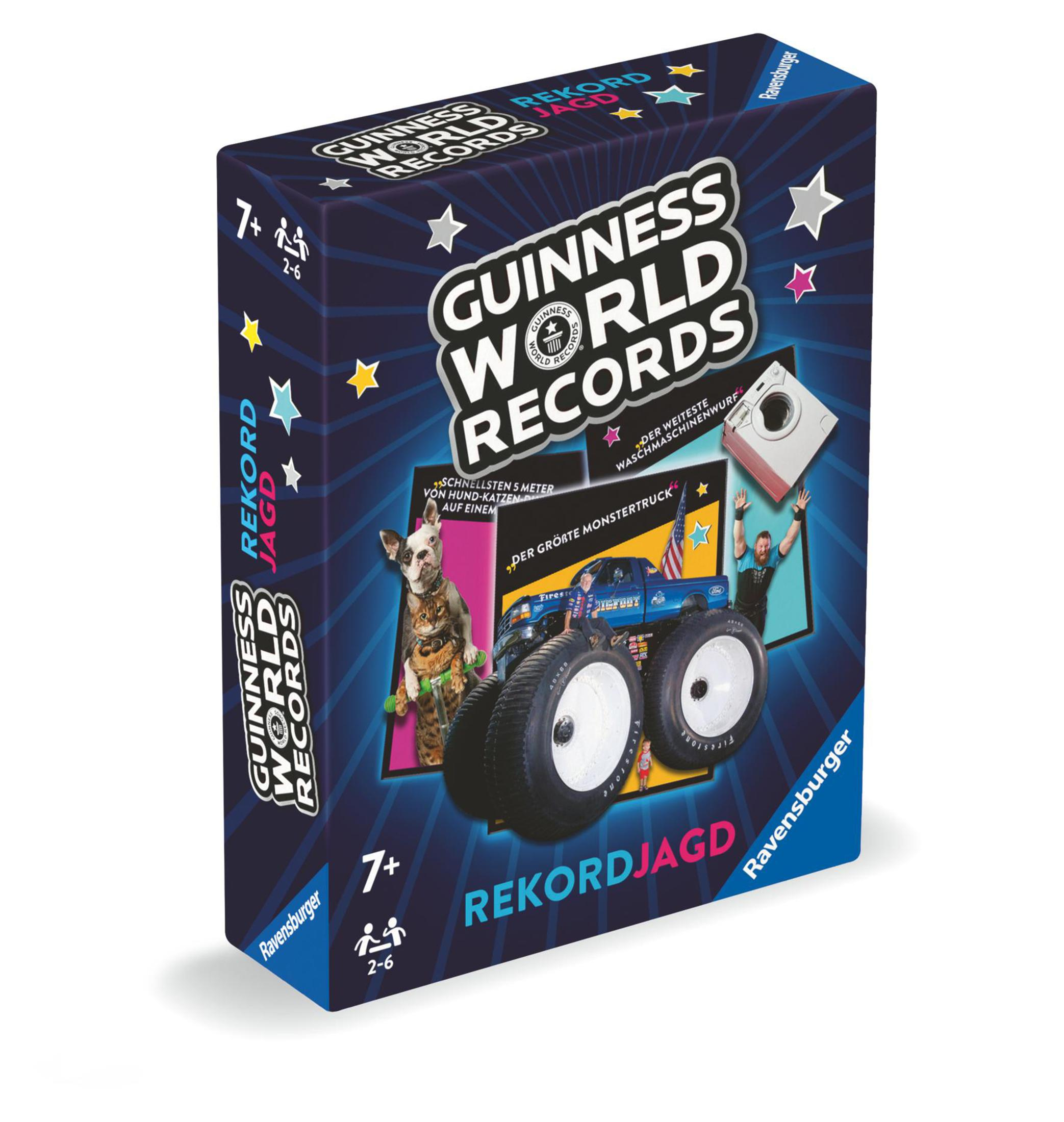 Pudełko gry Guinness World Records ze zdjęciami rekordów, w tym monster truck i pies.