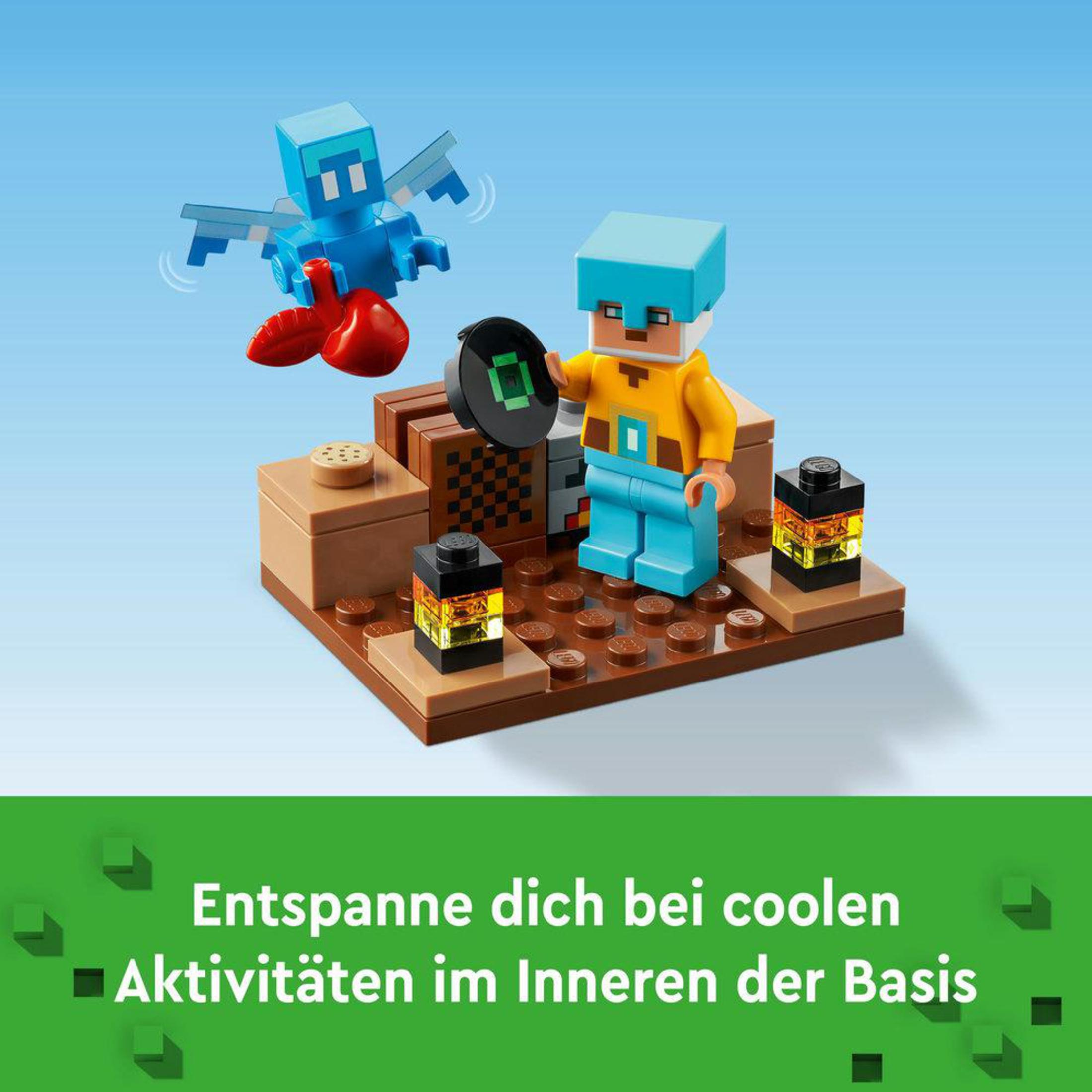 Ensemble Lego Minecraft avec des figurines, une base et du texte en bas.