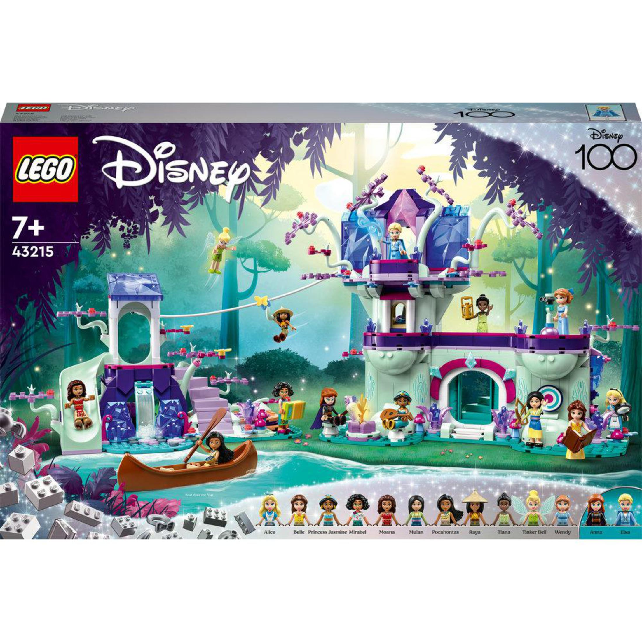 Lego Disney Setbox: Schloss, Figuren, Boot, Bäume, mit Disney 100 Logo. Bunt.