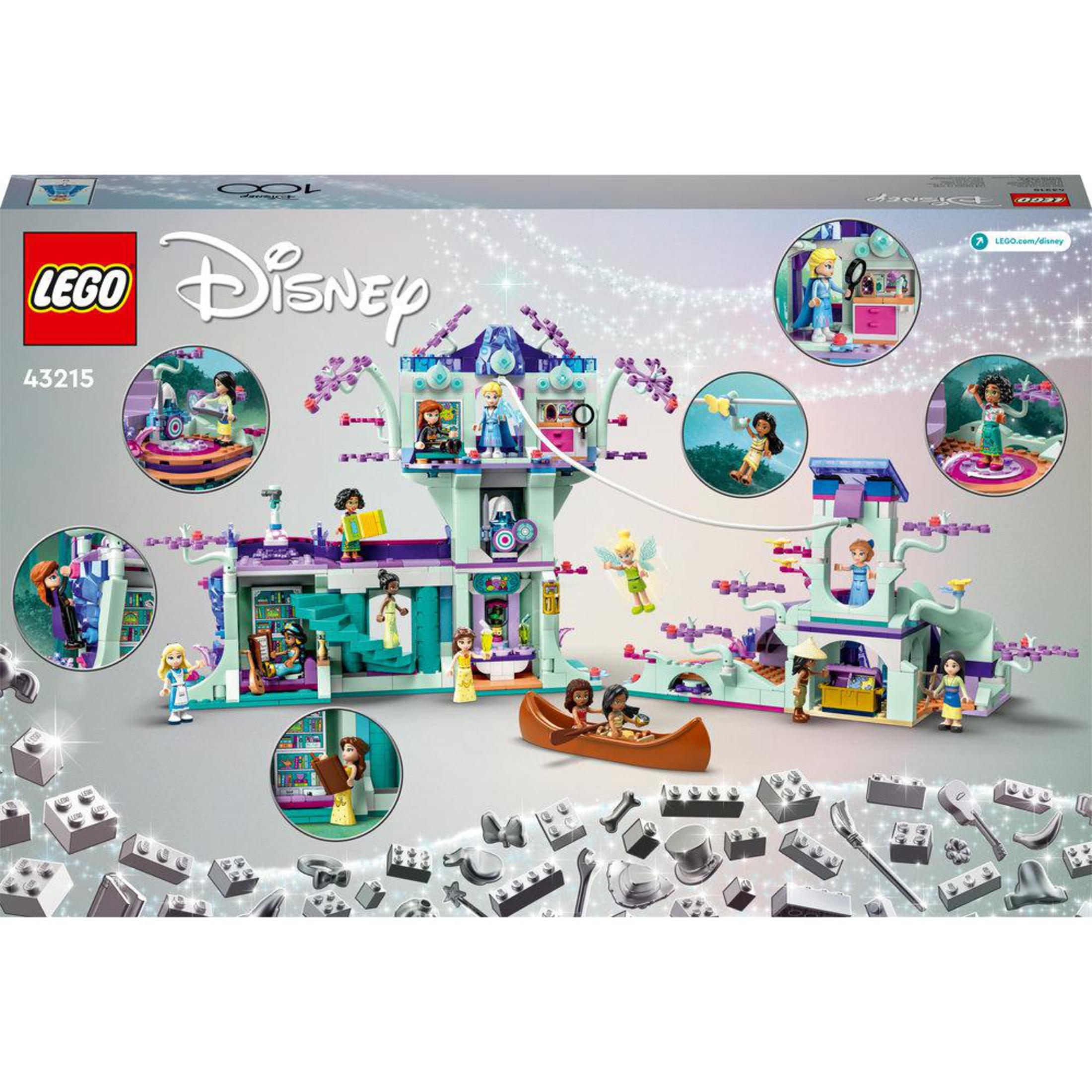 LEGO Disney-Set mit mehreren Disney-Figuren und Gebäuden. Ein Kanu und diverses Zubehör sind enthalten.