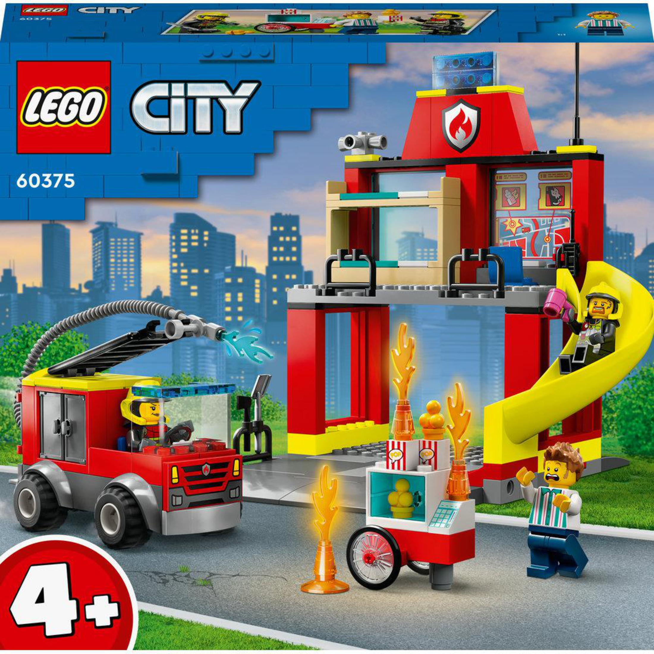 Set Lego City estación de bomberos con camión, tobogán y carrito de comida, contra ciudad.
