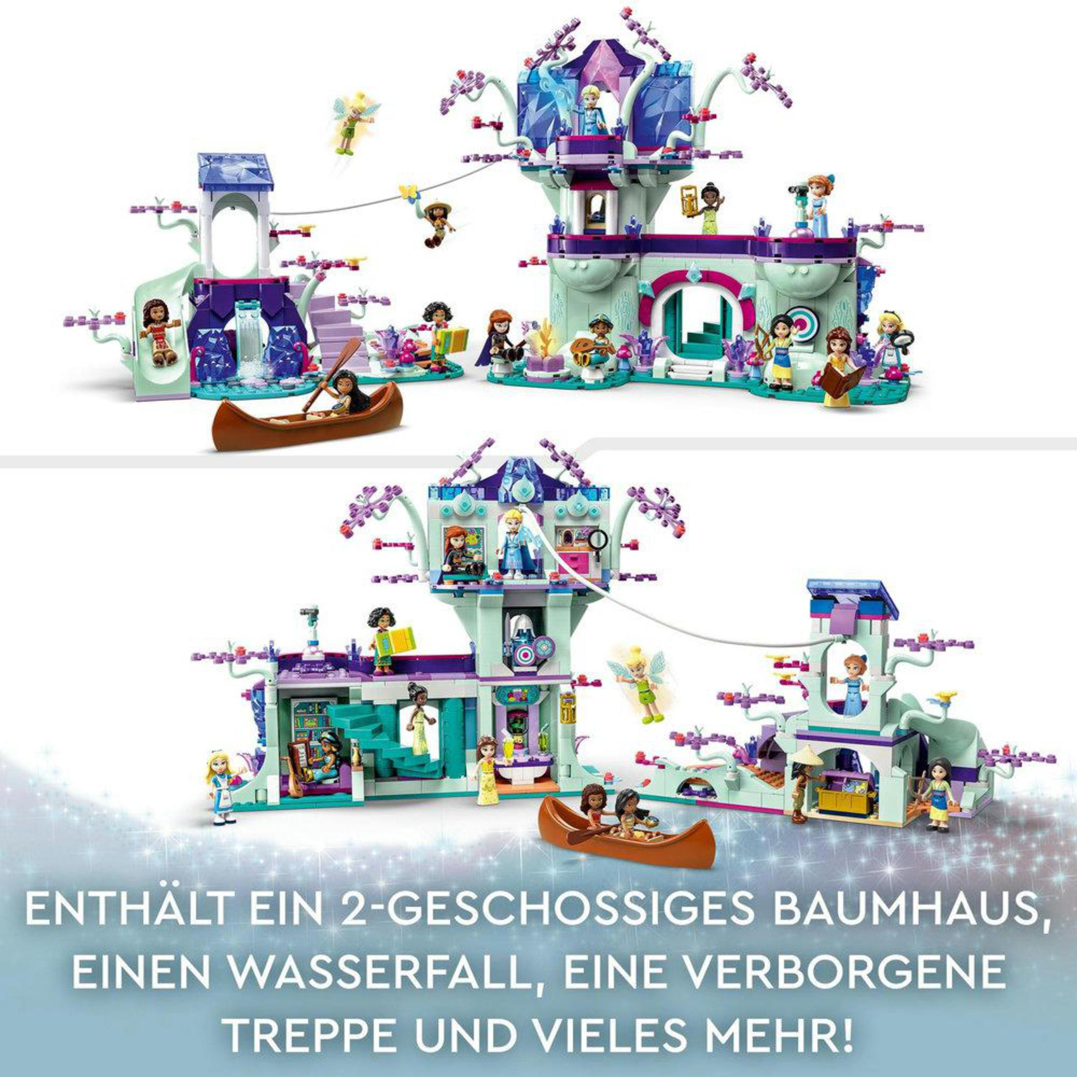 Ein Lego Friends-Set mit Figuren, einem Baumhaus und einem Wasserfall. Text auf Deutsch.