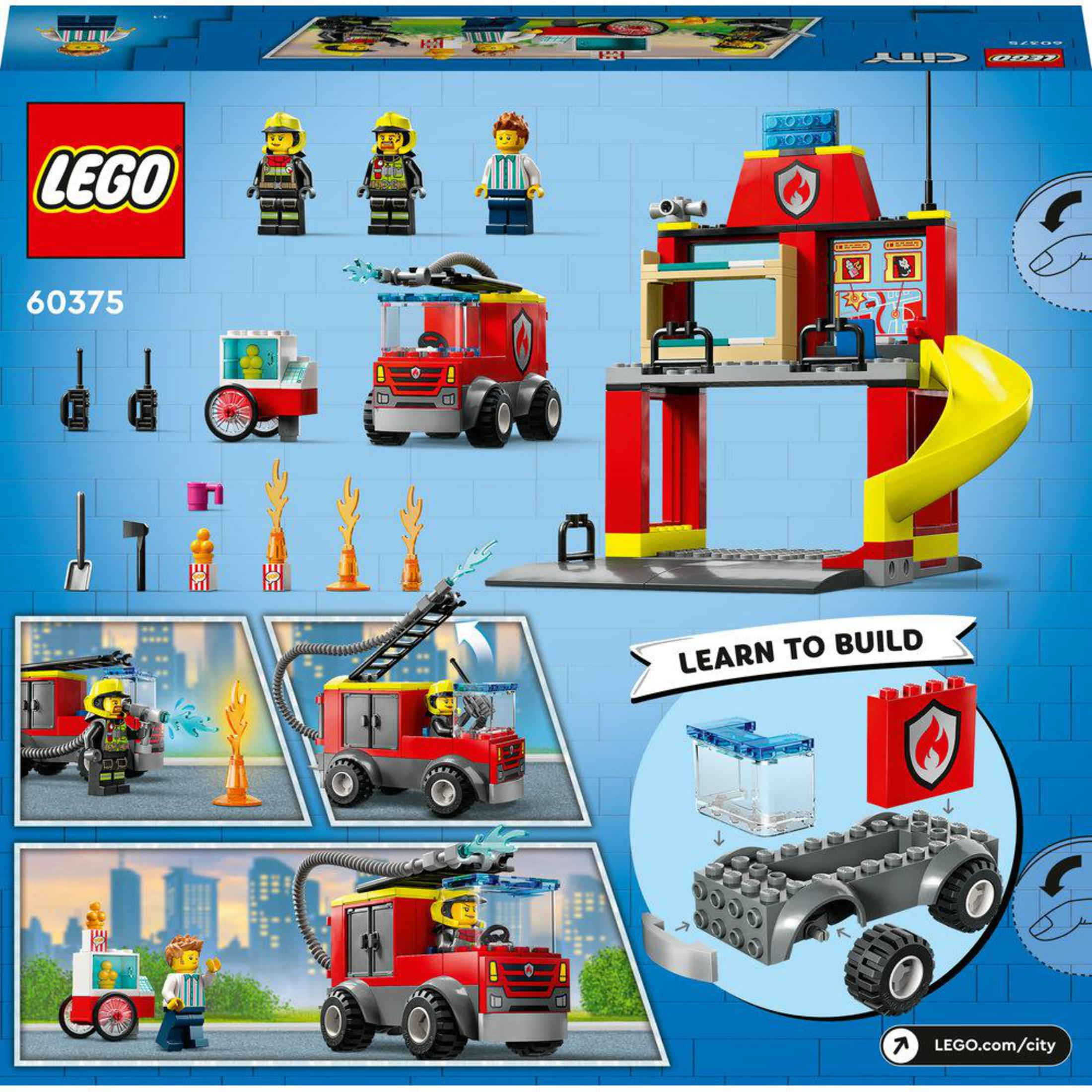 Un set de bomberos LEGO City con figuras de bomberos, un camión de bomberos y elementos de construcción.