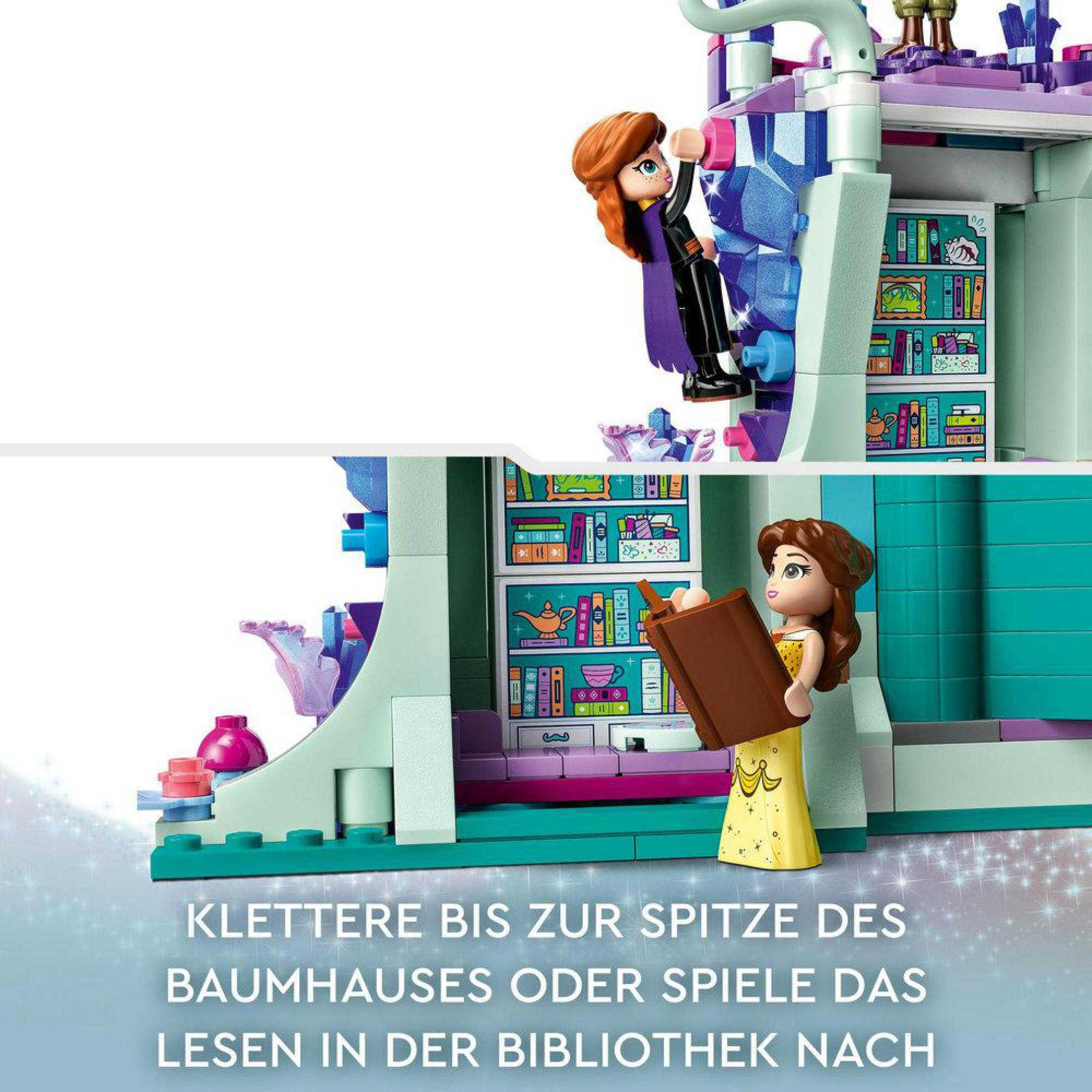 LEGO-Set-Szene. Zwei Figuren klettern an einem Gebäude. Bunt. Text auf Deutsch.