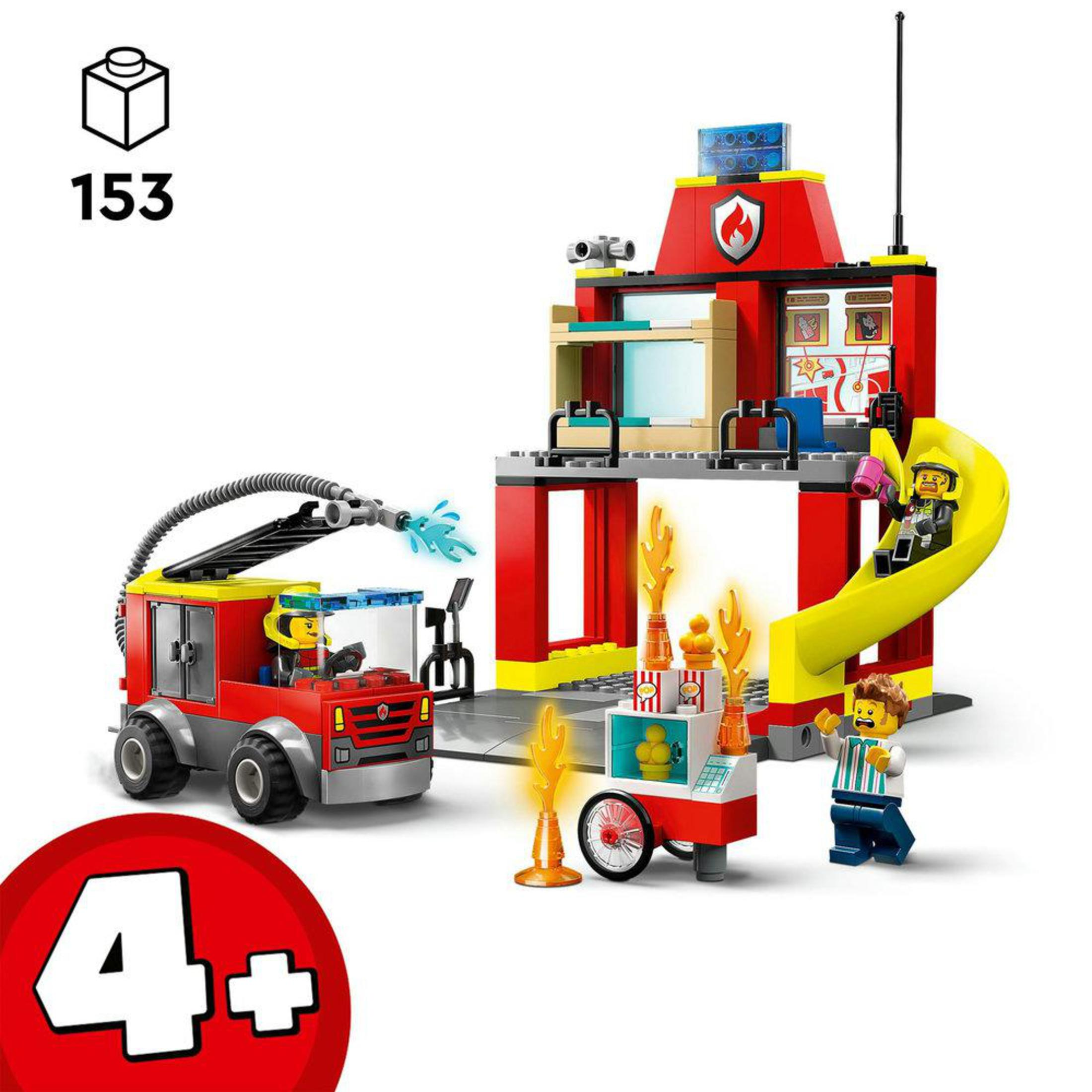 Set de estación de bomberos Lego con camión de bomberos, carrito de comida, tobogán y minifiguras.