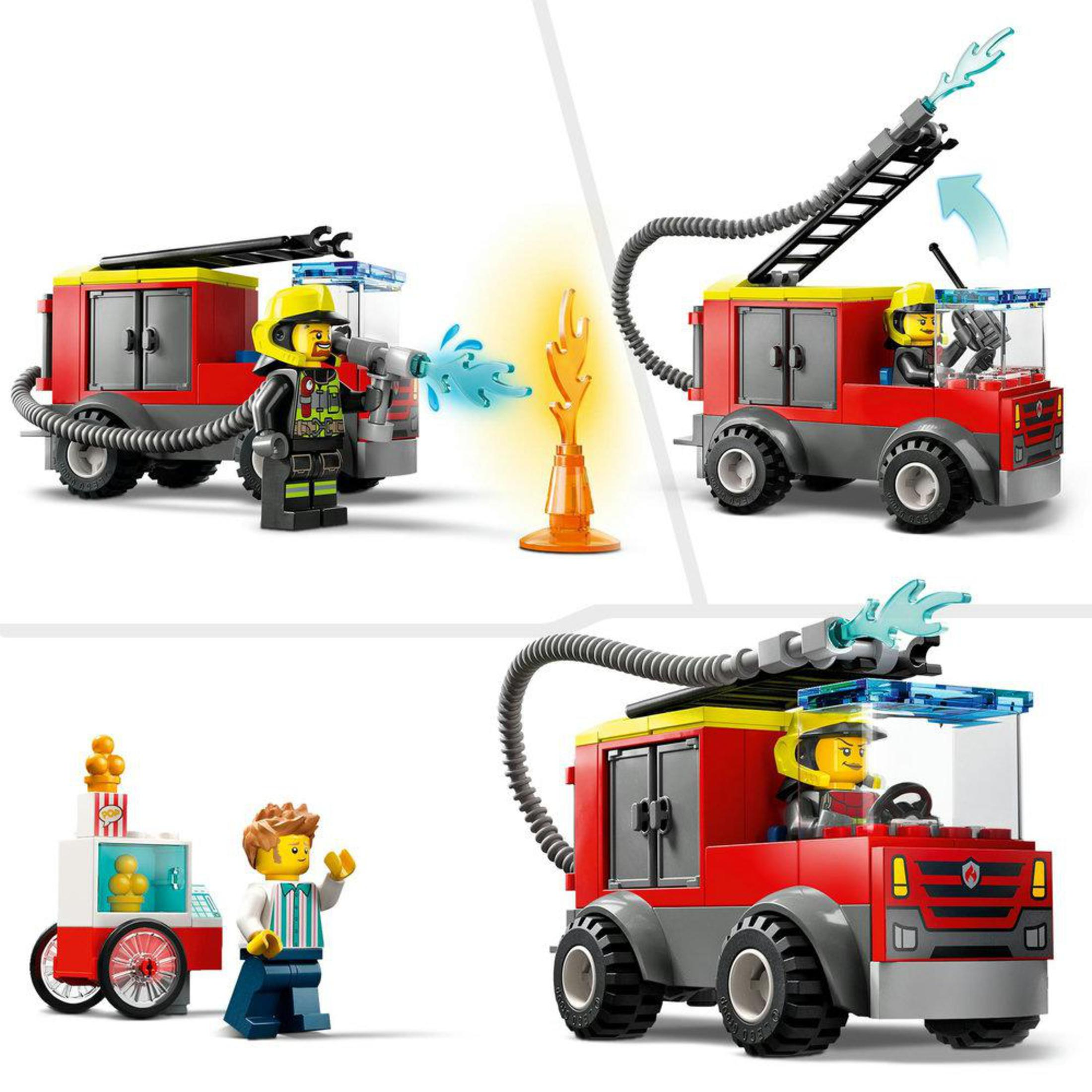 Un juguete de camión de bomberos LEGO City con bomberos y accesorios, mostrando diferentes escenas de acción.
