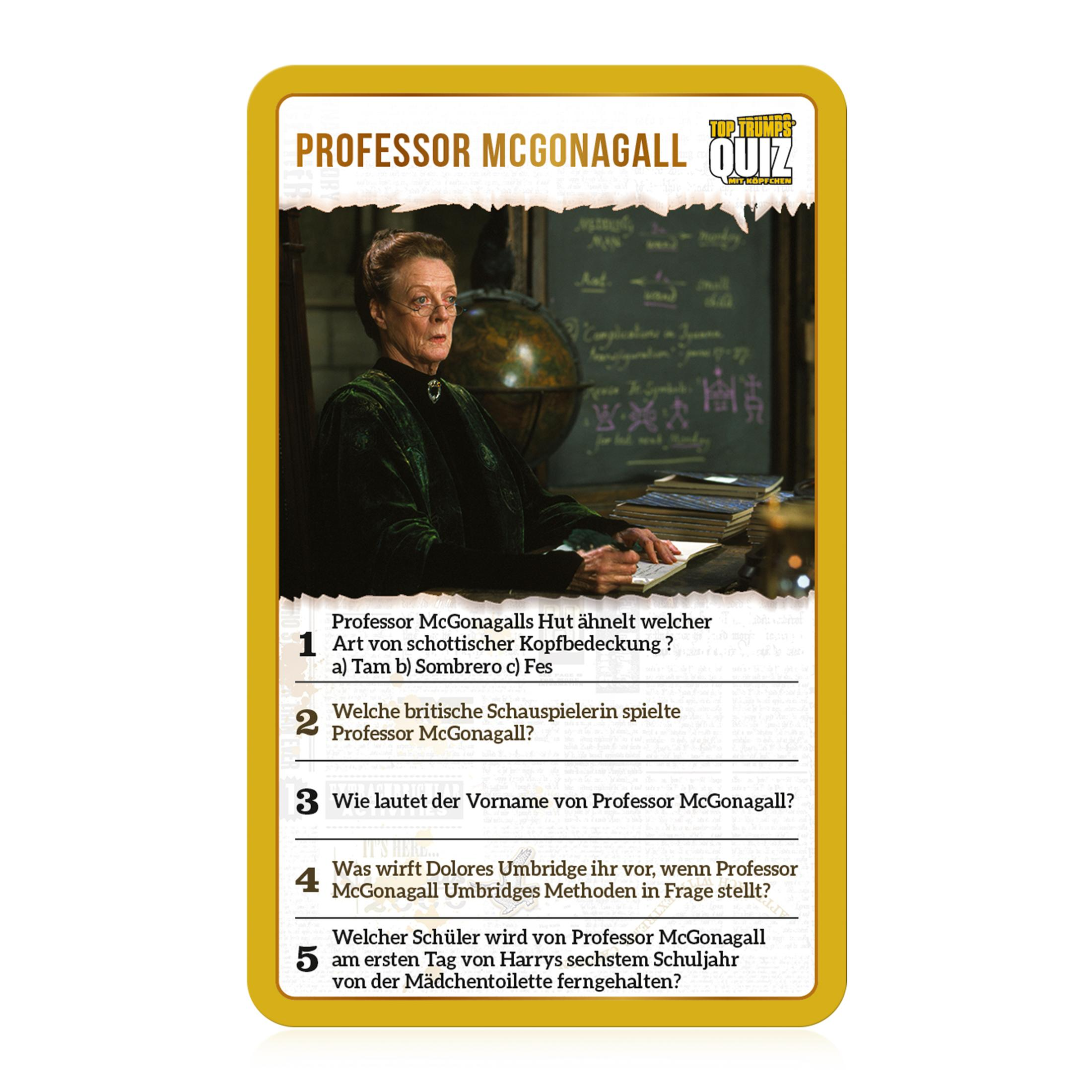 Une carte de quiz d'un jeu Harry Potter. Le professeur McGonagall est le personnage principal.