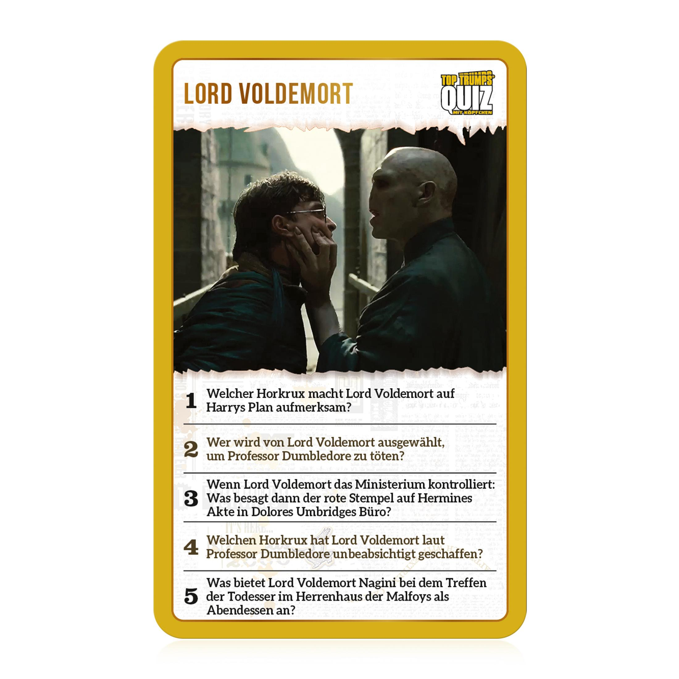Une carte Harry Potter avec Lord Voldemort, des questions et des images.
